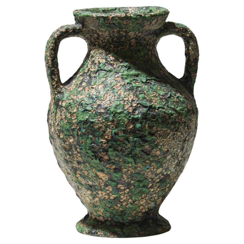 Éva Bod Ceramic Vase with Handles, Mint Green Textured Glaze, 1970s
