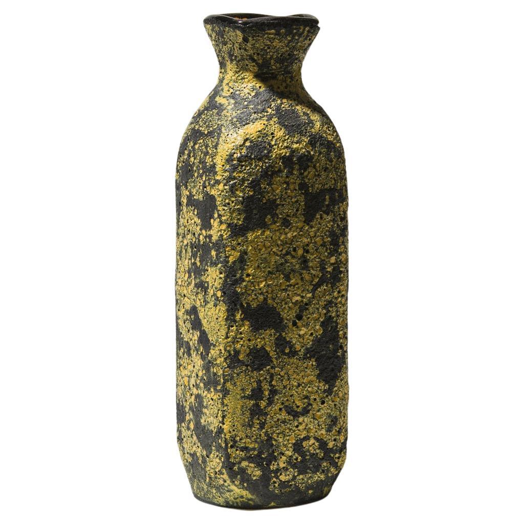 Éva Bod Geometric Ceramic Vase, Yellow-Black Textured Glaze, 1970s For Sale
