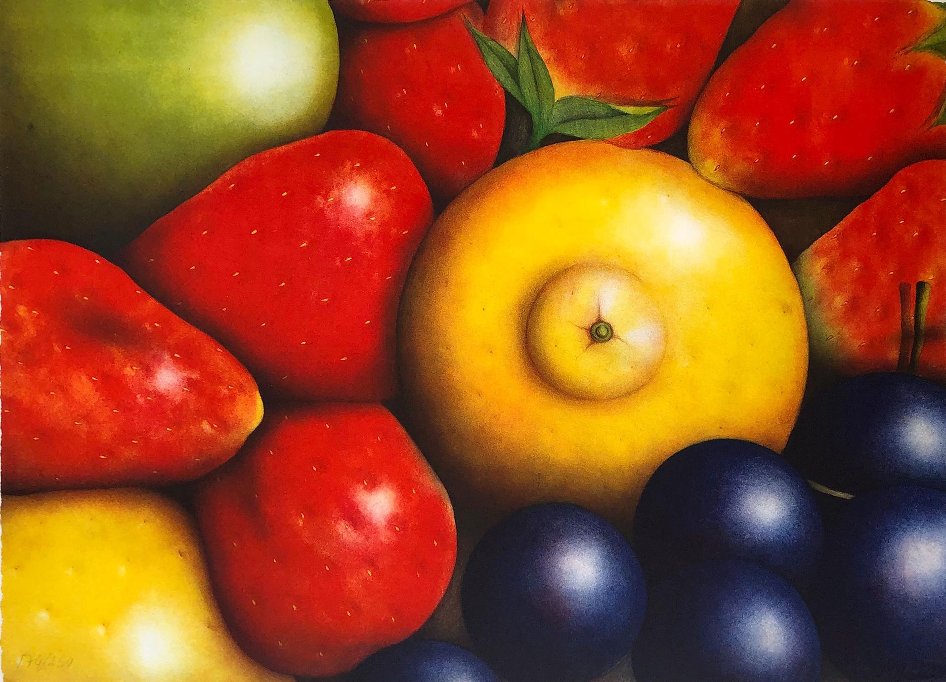 Medley, lithograph of colorful fruit composition by Eva Bostrom