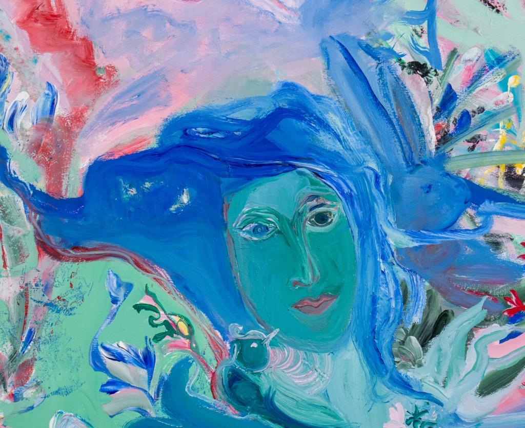 Eva Bouzard-Hui (Amerikanerin, 1936-2023), Abstrakte Komposition, Acryl auf Leinwand, offenbar unsigniert,  mit einem Frauengesicht, Kaninchen und Blättern vor einem abstrakten Hintergrund, Holzrahmen. Bild: 65.75