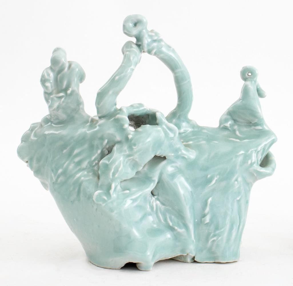 Eva Bouzard-Hui (American, 1936-2023) Three Abstract Art Pottery Sculptures, celadon glaze, apparently unsigned. 7.5