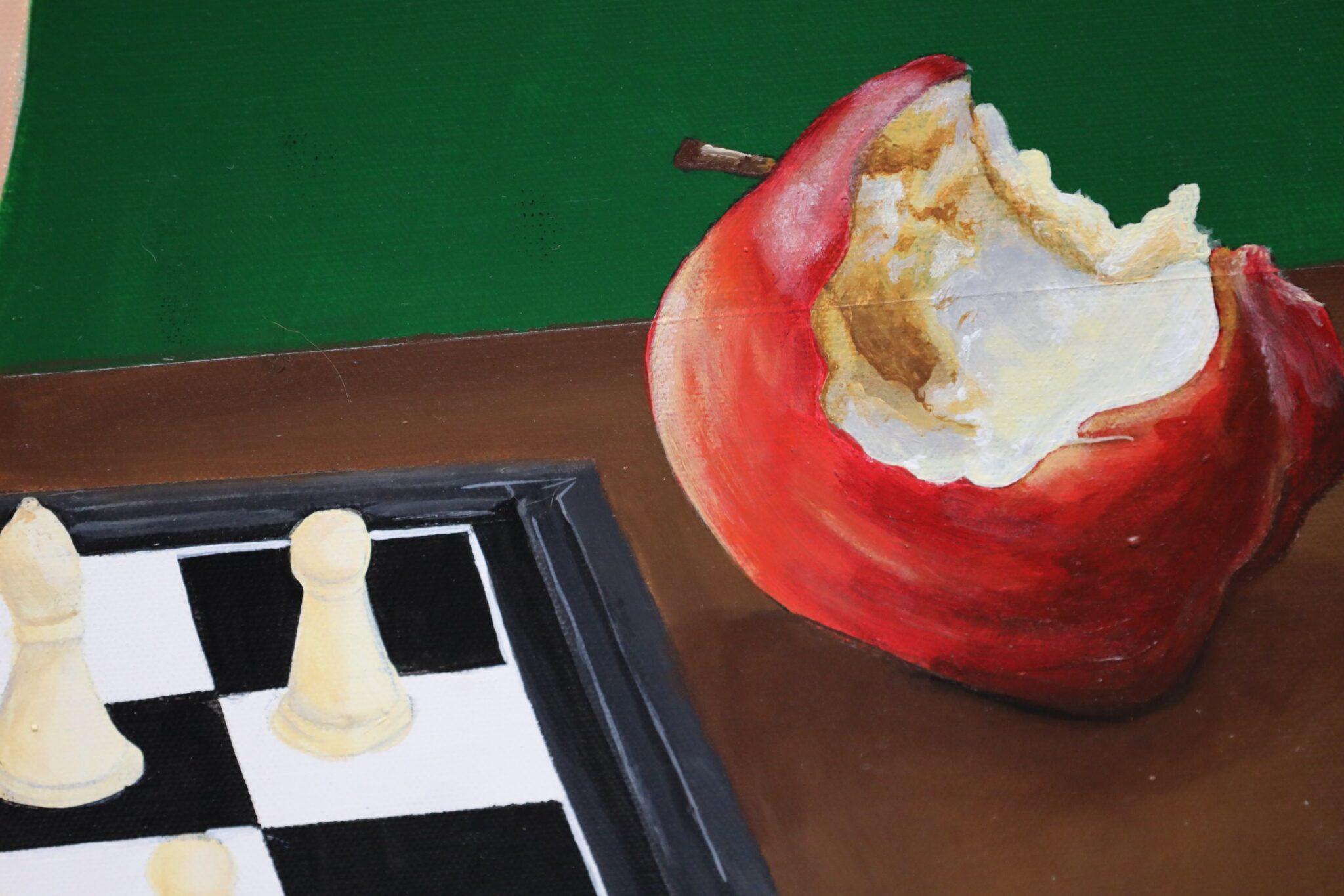 In her painting entitled “The Game of life, Jaque”, Eva Carzul captures life’s complexities, portraying it as a chess game, all the while adorned in a top that ironically expresses gratitude to her family for the traumas endured. Consistent with her