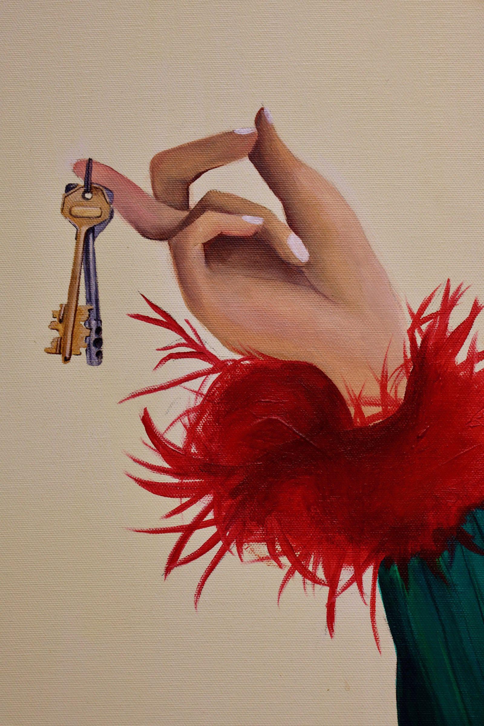 Eva Carzul’s artwork, “The Glory of Real Estate,” ingeniously infuses humor as the artist shares her personal experiences with the viewer. With one hand clutching keys to an undisclosed property, she perches upon a photorealistic corn cob, while