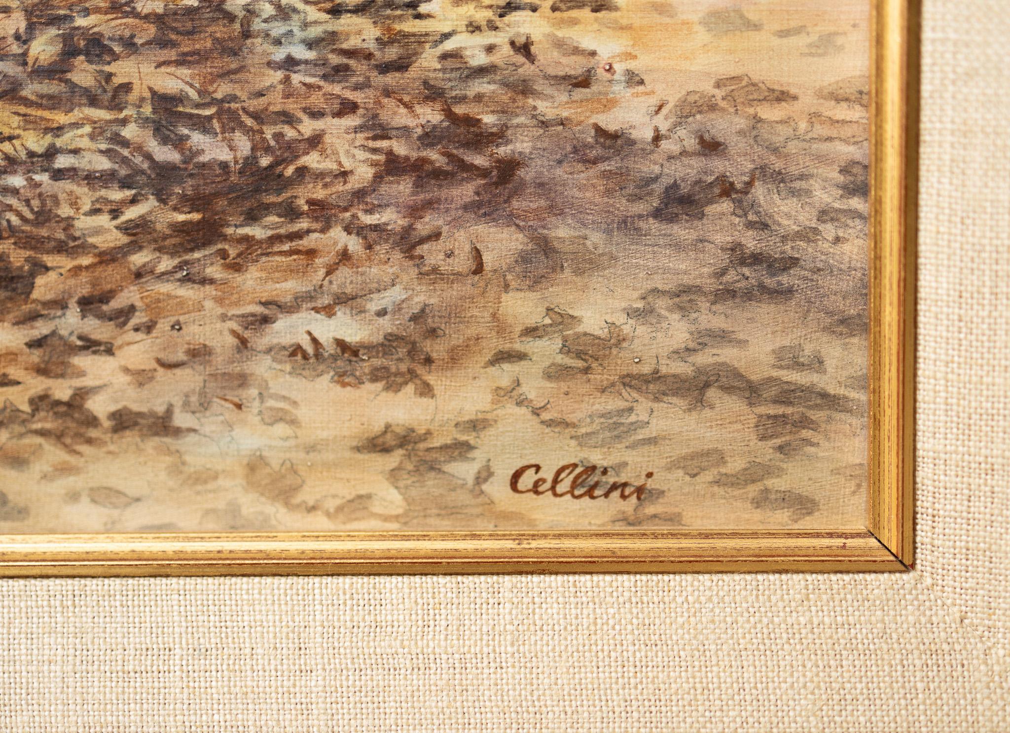 Painting of a male elk looking at the viewer as a heard runs away. The landscape is dry and brown. 
By Eva Cellini
18