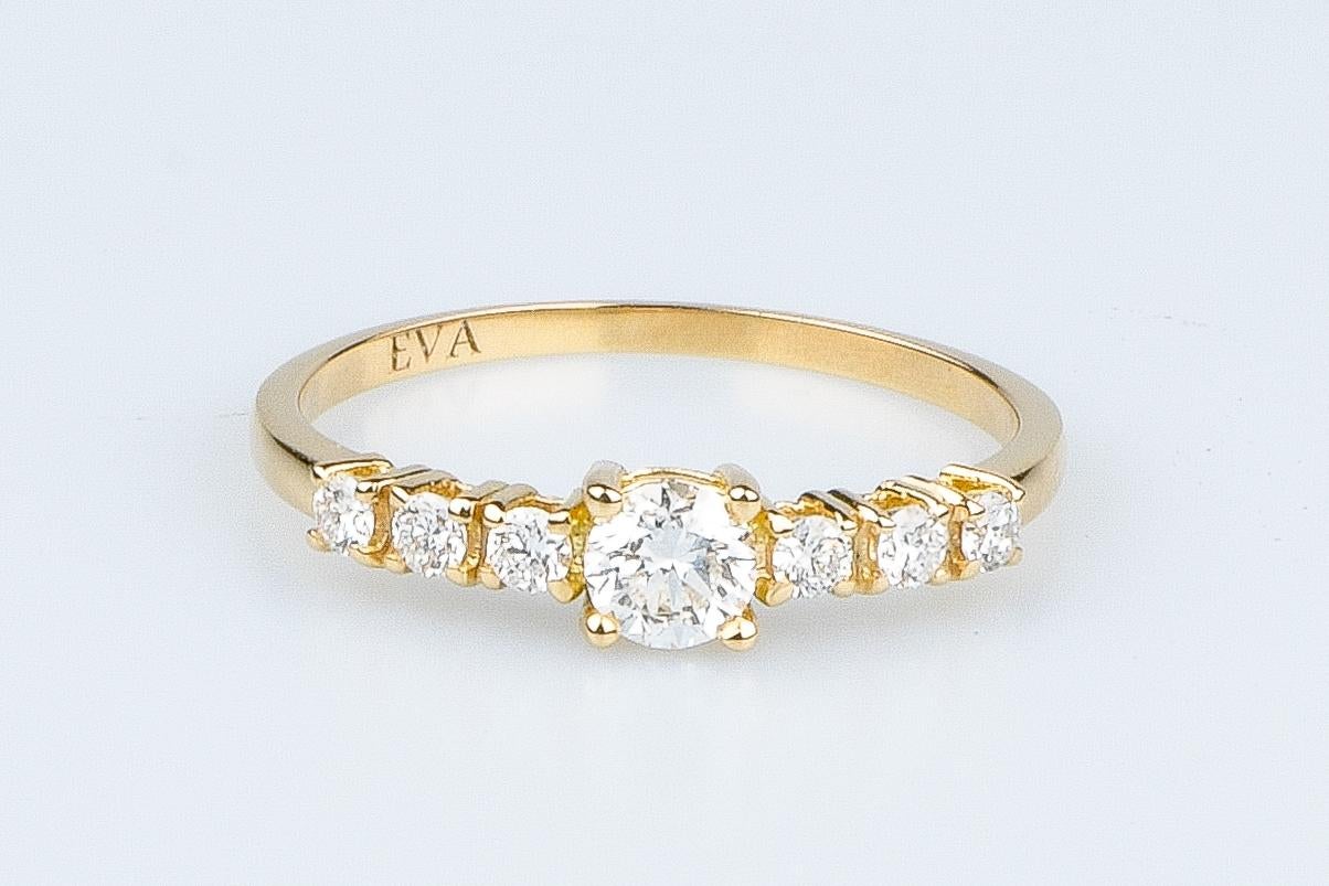 Women's EVA certified Luna 0.68 carat round brillant synthetic diamond yellow gold ring For Sale