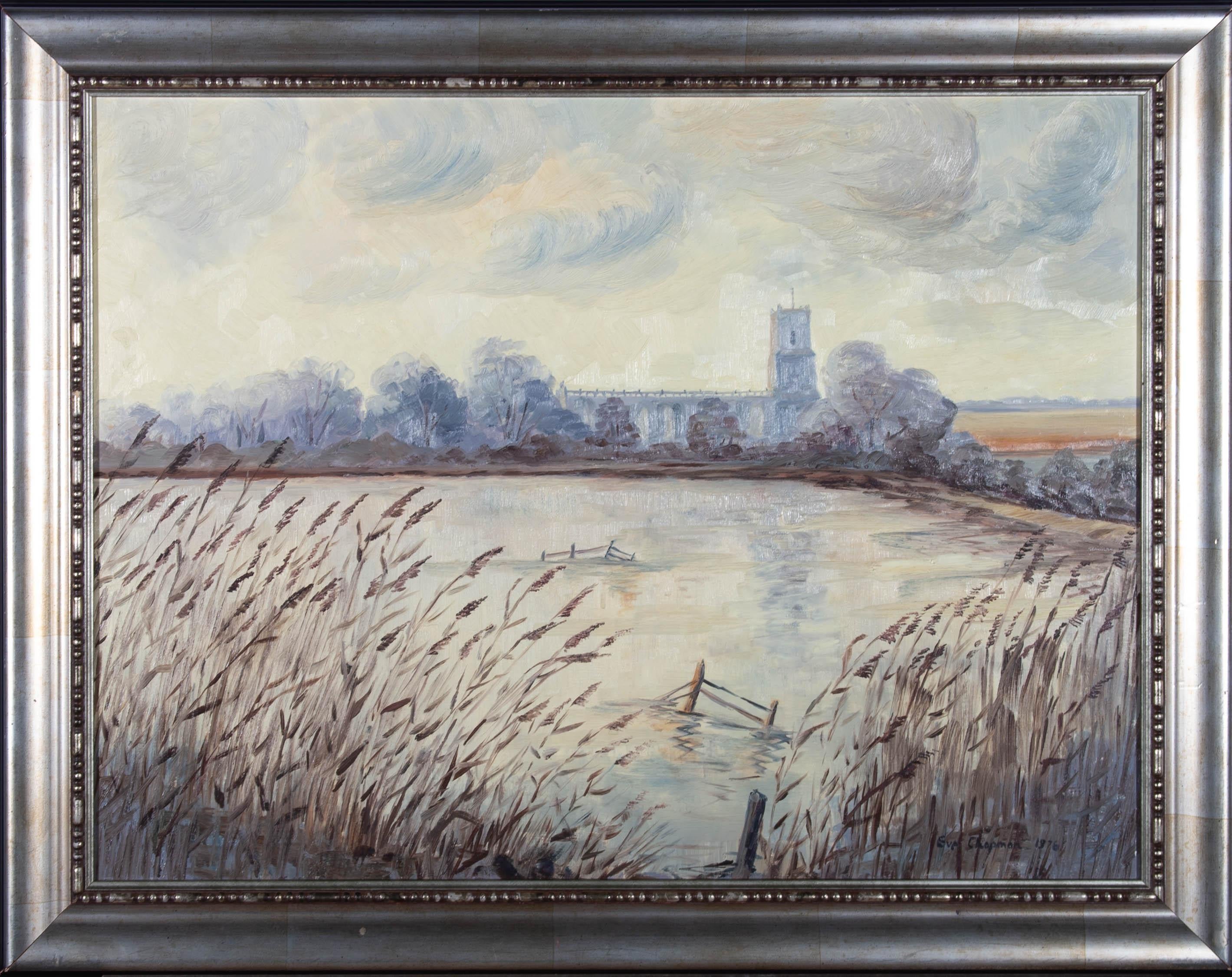A charming naive landscape showing a flooded field under a grey sky with a church in the distance. The artist has signed and dated to the lower right and the painting has been presented in a silvered gilt frame with beaded strap work. On board.
