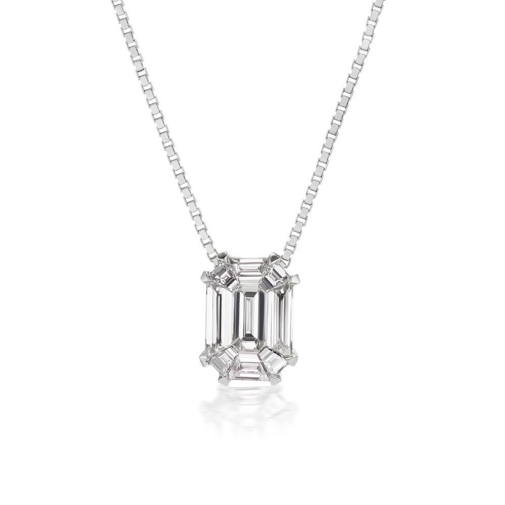 Modern 14k White Gold Eva Collection .71ct Emerald Cut Diamond Pendant For Sale