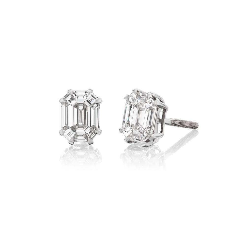 Modern 14k White Gold Eva Collection .99ct Emerald Cut Studs For Sale