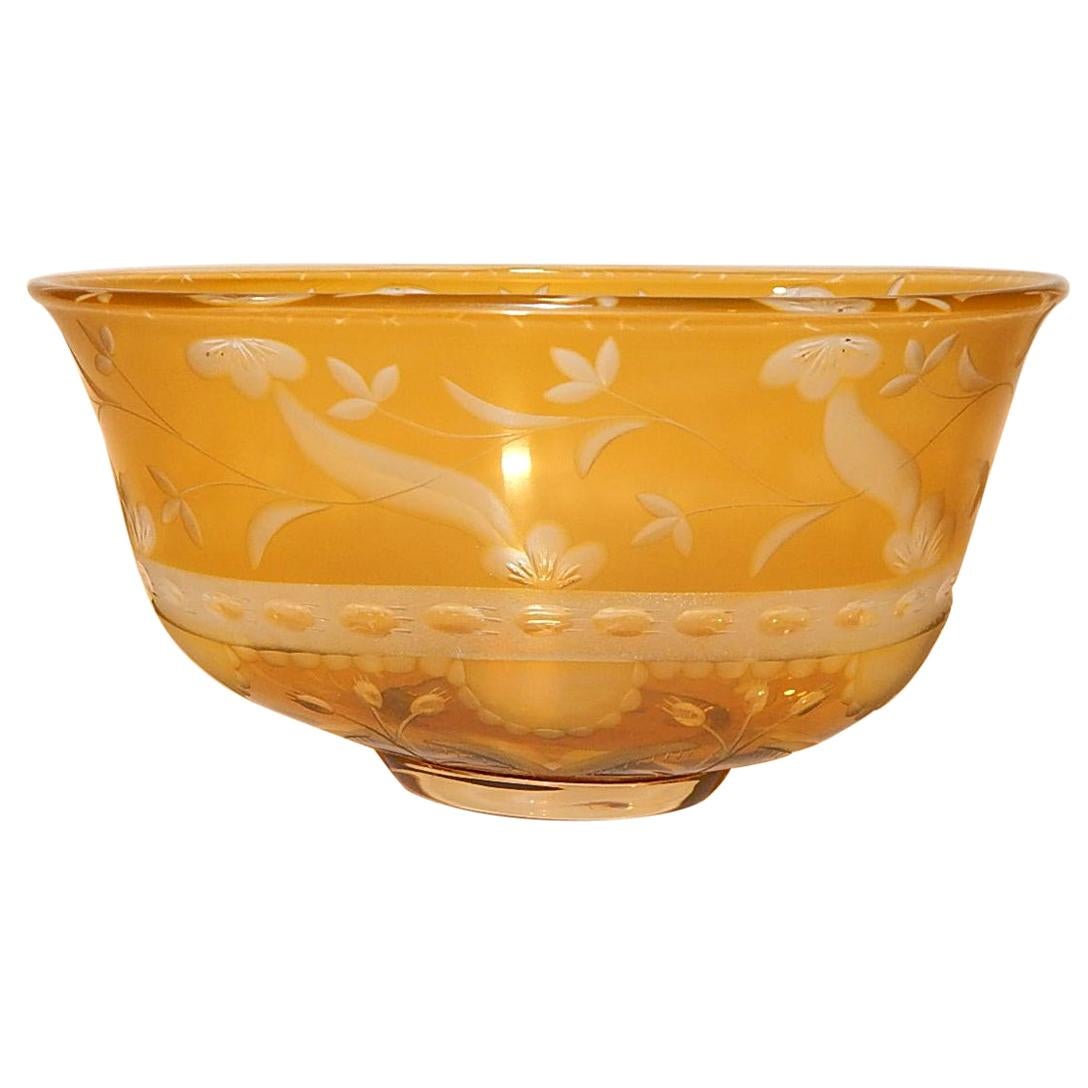 Eva Englund Orrefors Etched Glass Footed Oval Bowl in Yellow For Sale