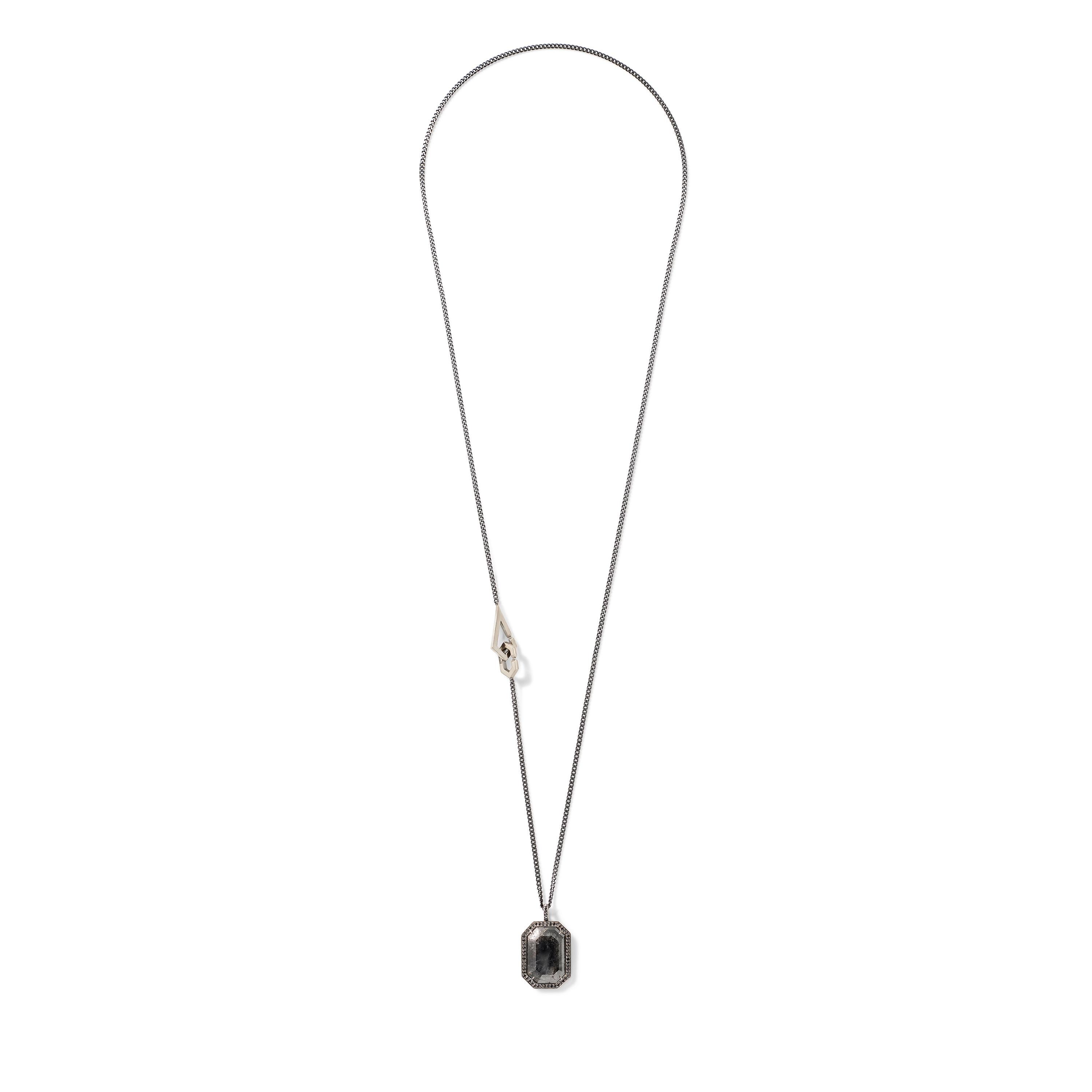 18K Blackened White Gold 10.73 Carat Emerald Cut Grey Diamond Pendant with Black Diamonds on an adjustable 21