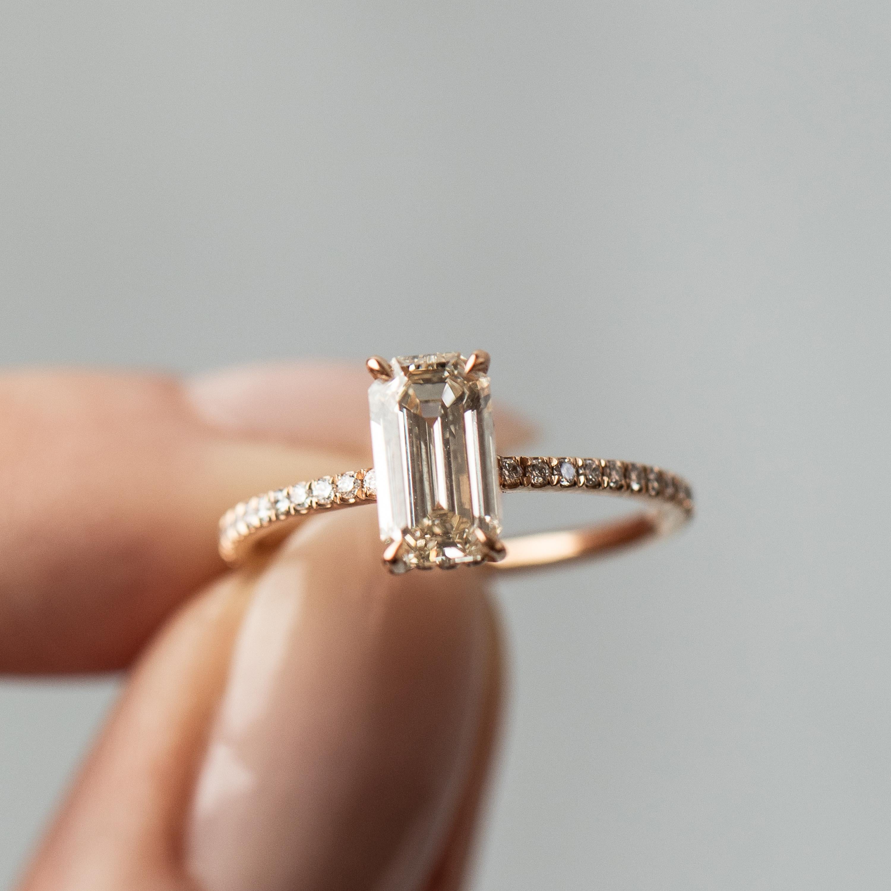 18k Rose Gold with 1.14ct Light Pinkish/Brown Emerald Cut  Diamond and White Diamond Pave - Size 5 

Handmade in New York City. 

Eva Fehren White, a bridal collection comprised of engagement rings and wedding bands, was launched in 2014, embodies
