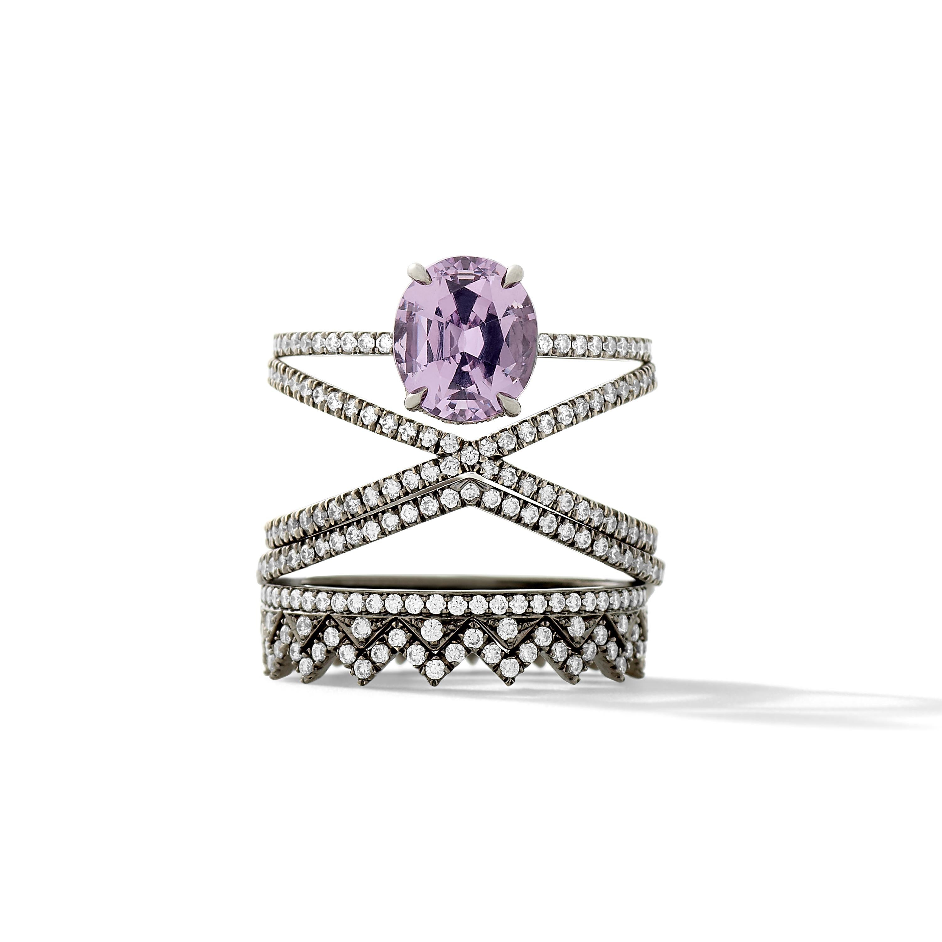 18k Blackened White Gold with 2.03 Ct Lavender Spinel and White Diamond Pavé - Size 6. 

Handmade in New York City.

Eva Fehren White, a bridal collection comprised of engagement rings and wedding bands, was launched in 2014, embodies the classic,