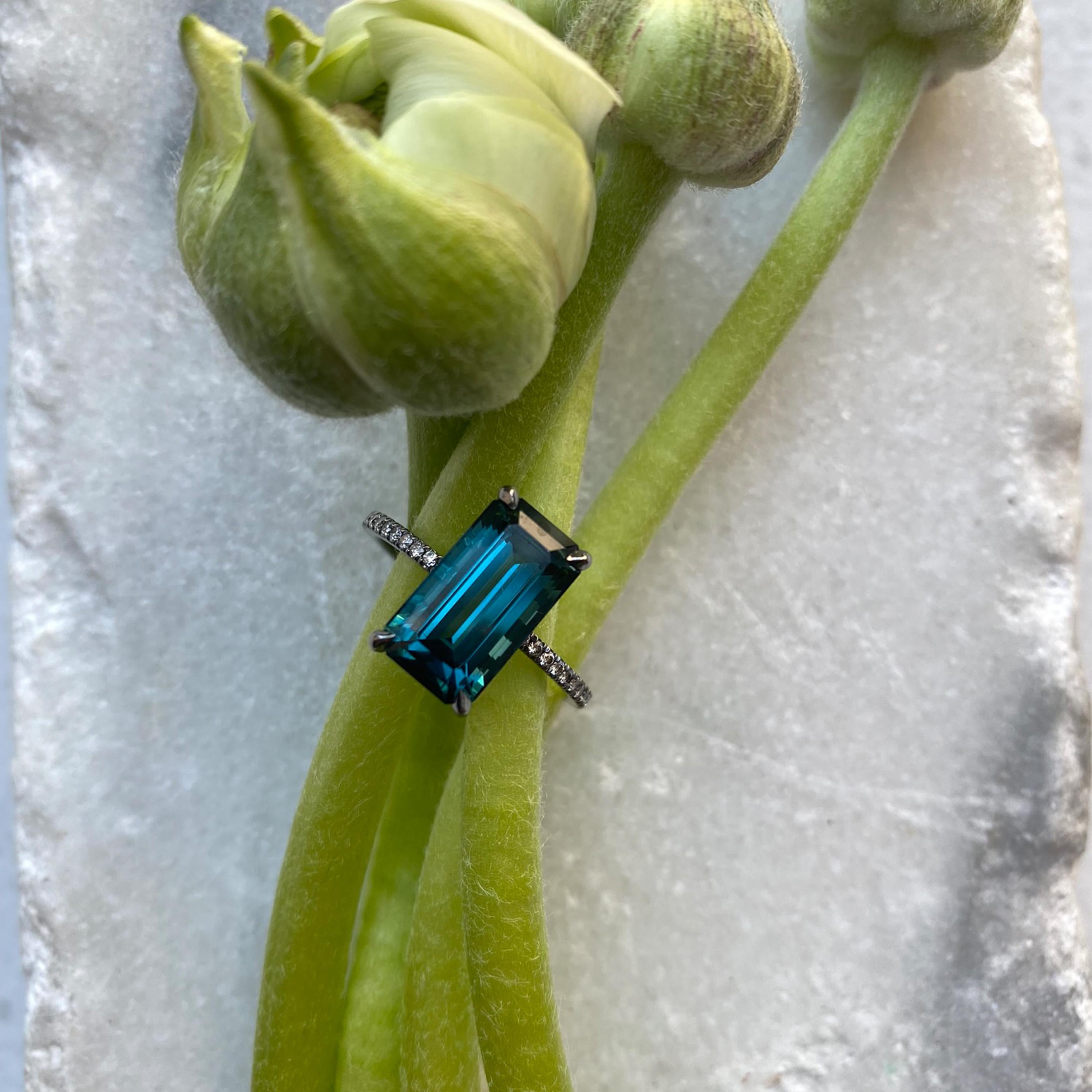 18k Blackened White Gold with 4.25 Ct Elongated Emerald Cute Afghan Indicolite and white diamond pavé - Size 7

Handmade in New York City.

Eva Fehren White, a bridal collection comprised of engagement rings and wedding bands, was launched in 2014,