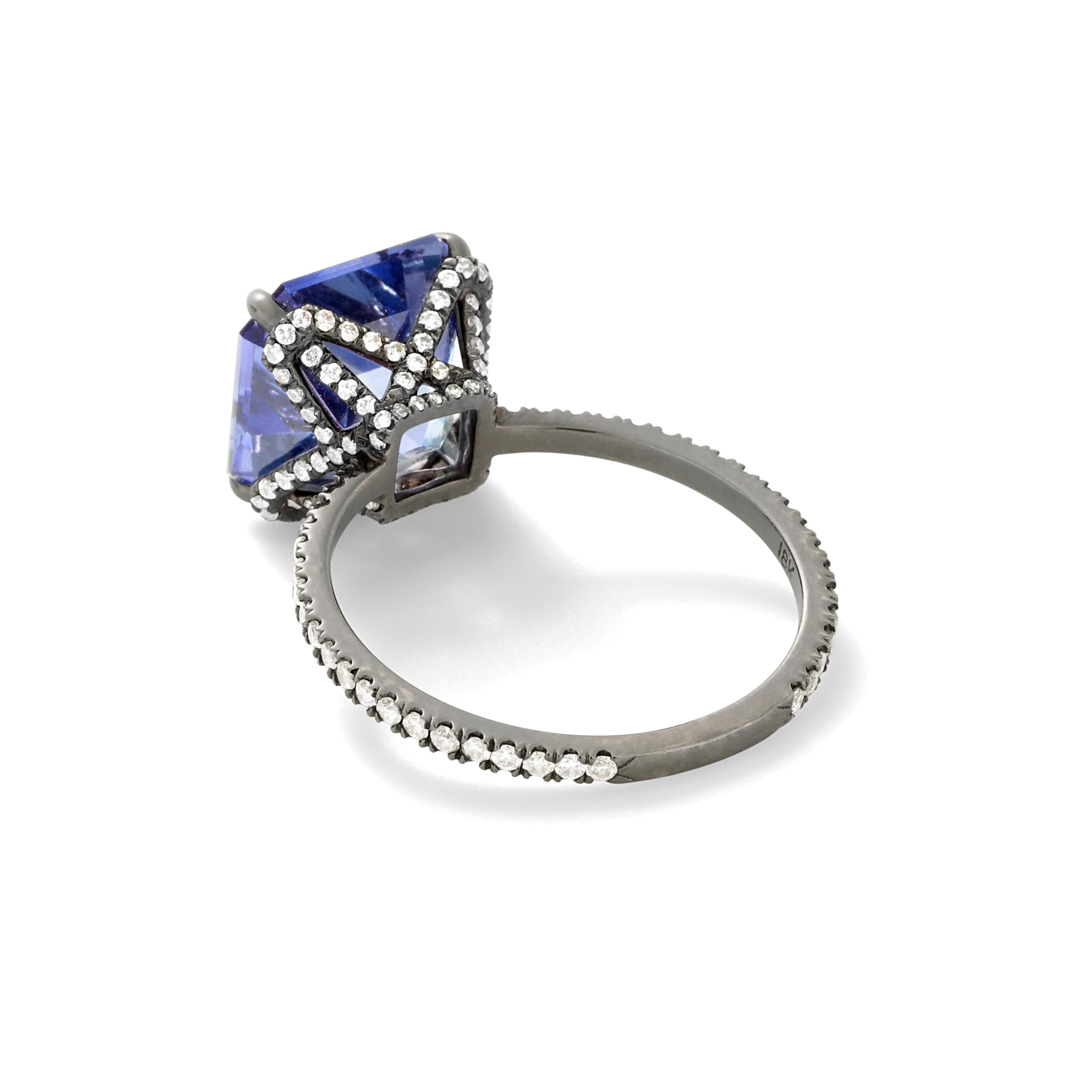 18k Blackened White Gold with 4.75 Ct Tanzanite and White Diamond Pavé - Size 6. 

Handmade in New York City.

Eva Fehren White, a bridal collection comprised of engagement rings and wedding bands, was launched in 2014, embodies the classic, yet