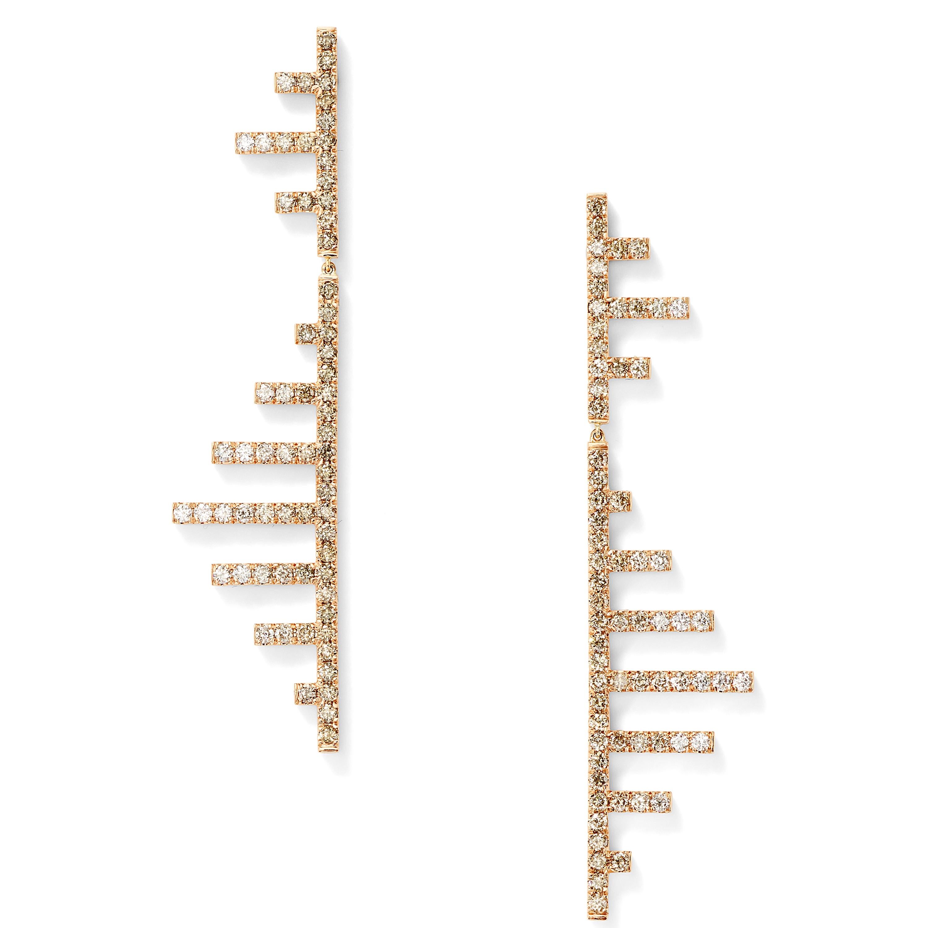 18k Rose Gold with 2.68ct of Australian Champagne Diamonds. 

The Axis Earrings are made of Argyle diamonds from the Australian mine, supporting sustainable and ethical mining practices. The earrings feature an ombré effect using a natural golden