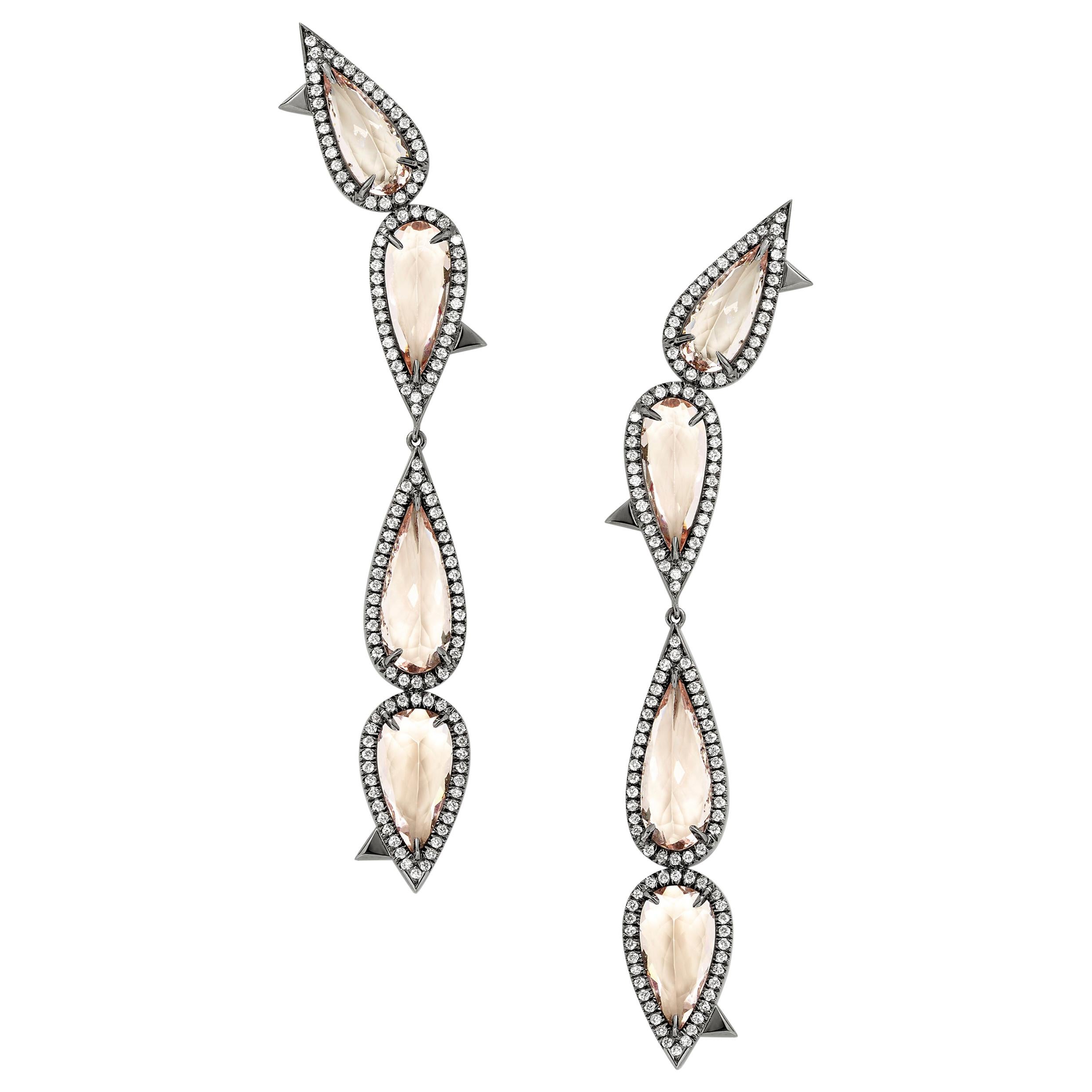 Eva Fehren Morganite Drop Earrings in 18 Karat White Gold with White Diamonds For Sale