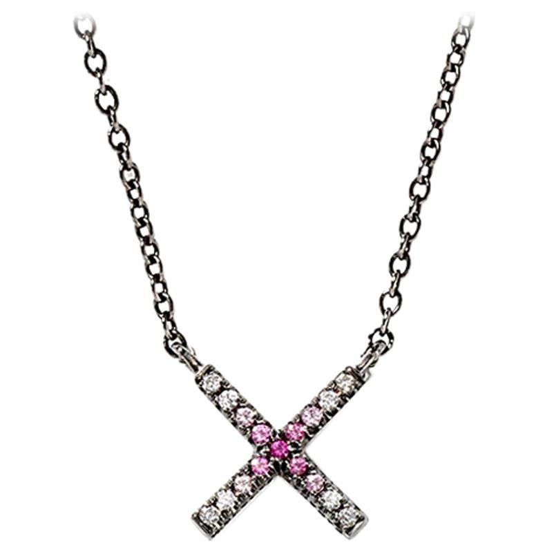 Eva Fehren Tiny X Pendant in 18 Karat Blackened Gold with Ombré Pink Sapphires For Sale