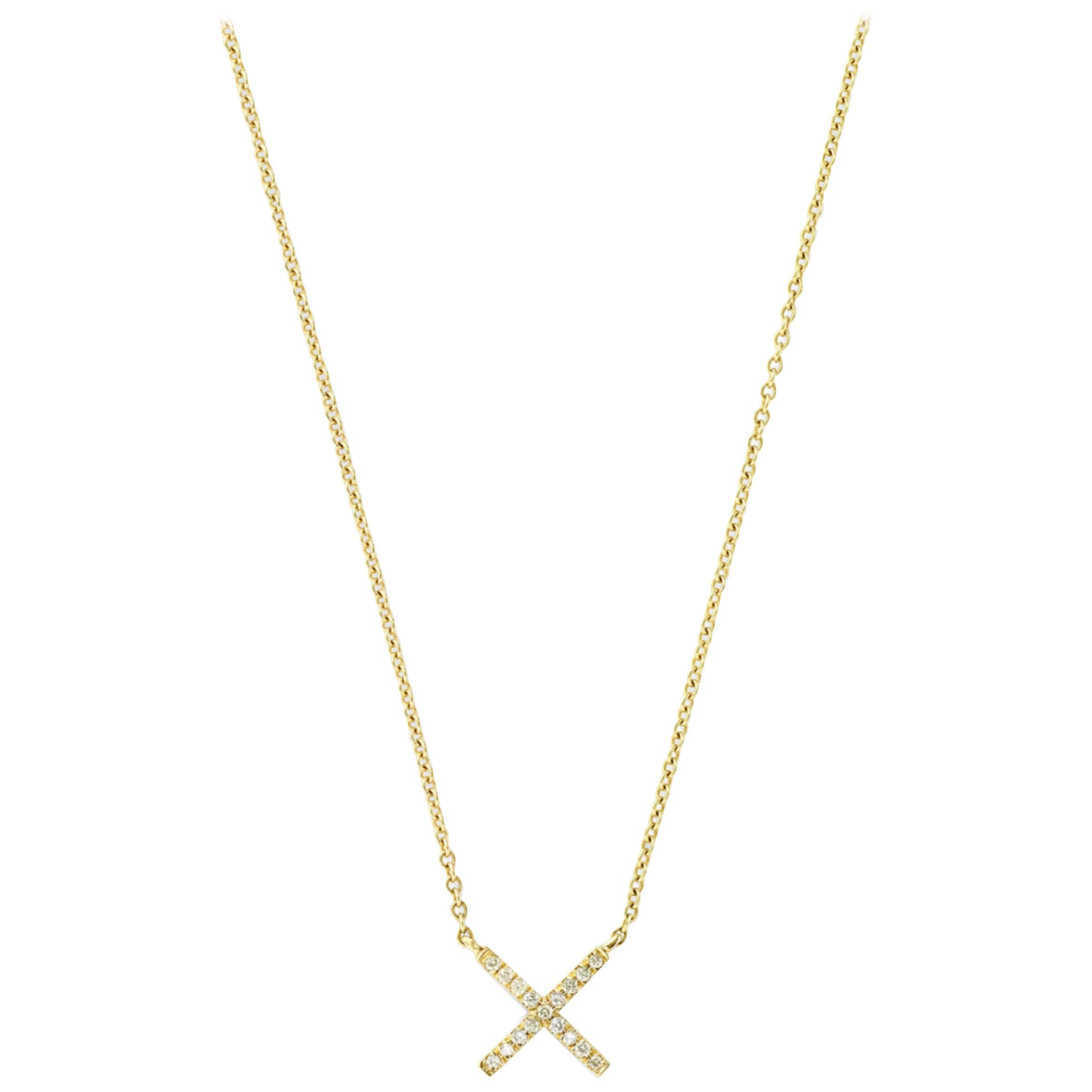 Eva Fehren Tiny X Pendant in 18K Yellow Gold with White Diamonds For Sale