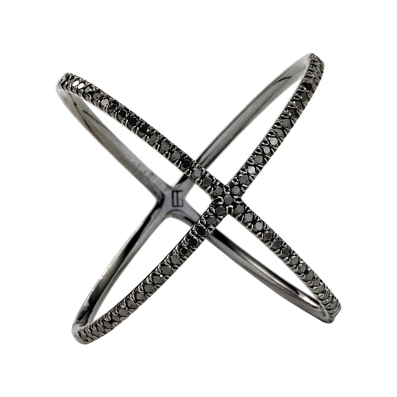 Eva Fehren X-Ring in 18 Karat Blackened White Gold with Black Diamonds For Sale