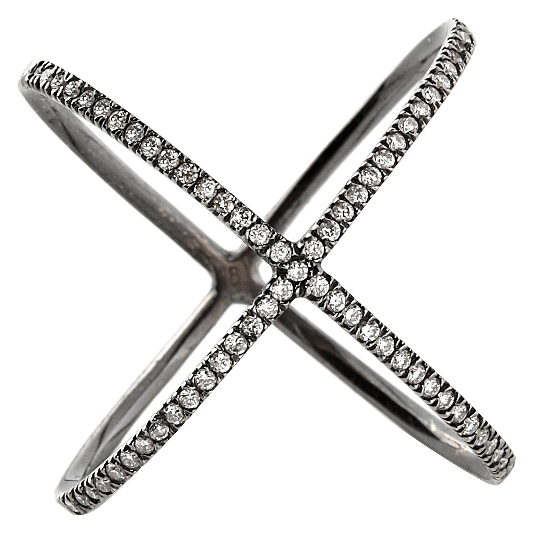 Eva Fehren X Ring in 18 Karat Blackened White Gold with White Diamond Pavé For Sale