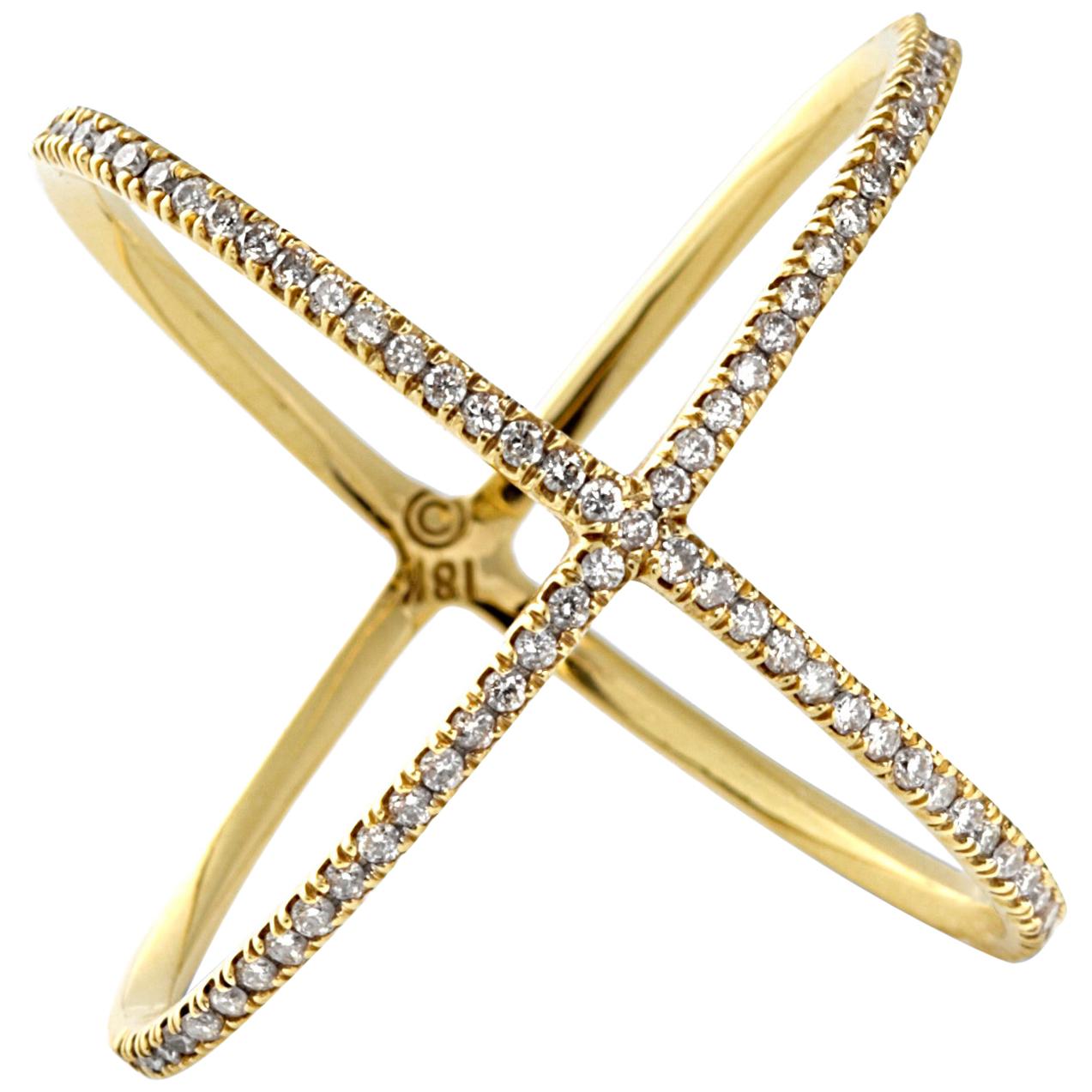 Eva Fehren X Ring in 18 Karat Yellow Gold with Pale Champagne Diamond Pavé For Sale