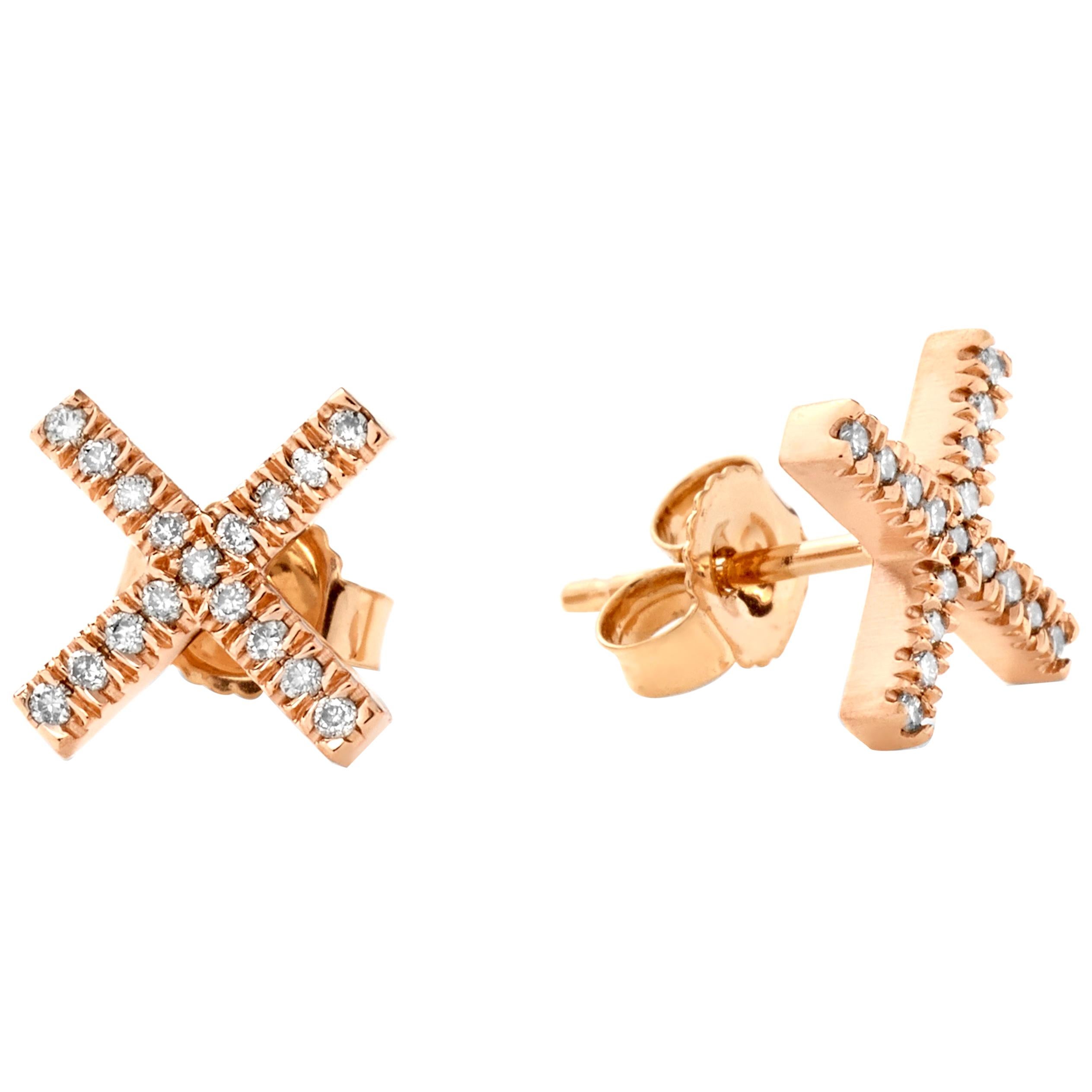 Eva Fehren X-Stud Earrings in 18K Rose Gold with Pale Champagne Diamonds