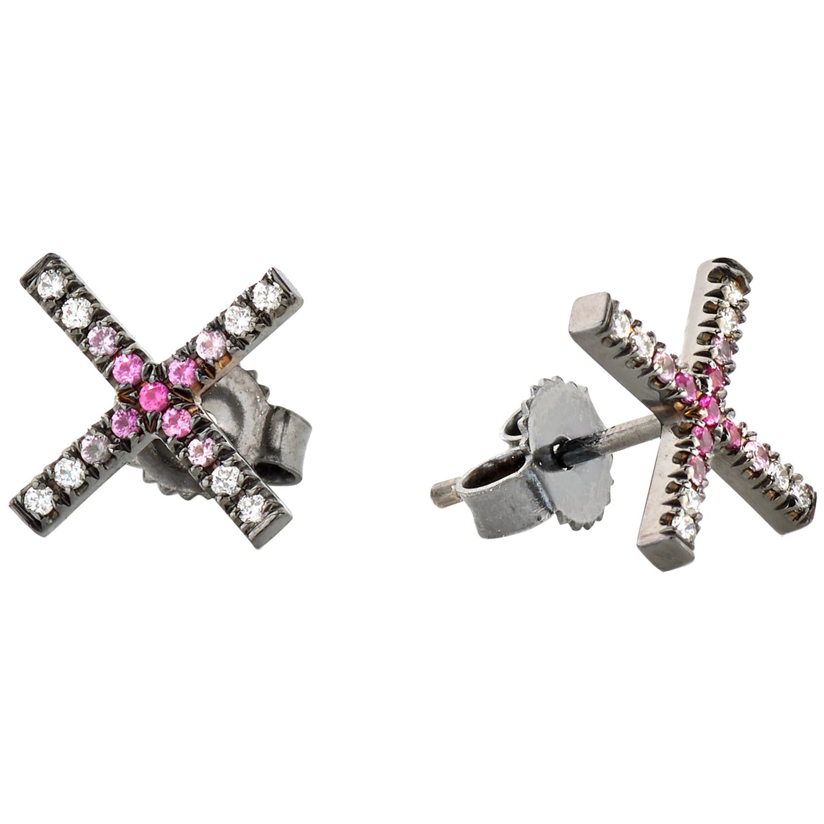 Eva Fehren X-Stud Earrings in 18 Karat White Gold with Ombre Pink Sapphires For Sale