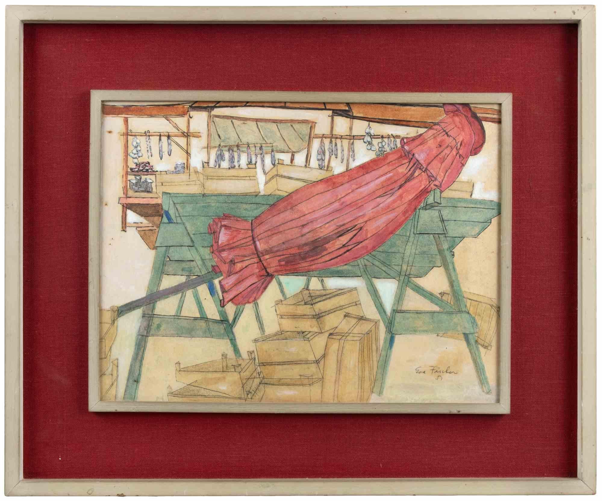 Umbrella rouge - Technique mixte - milieu du 20e siècle - Mixed Media Art de Eva Fischer