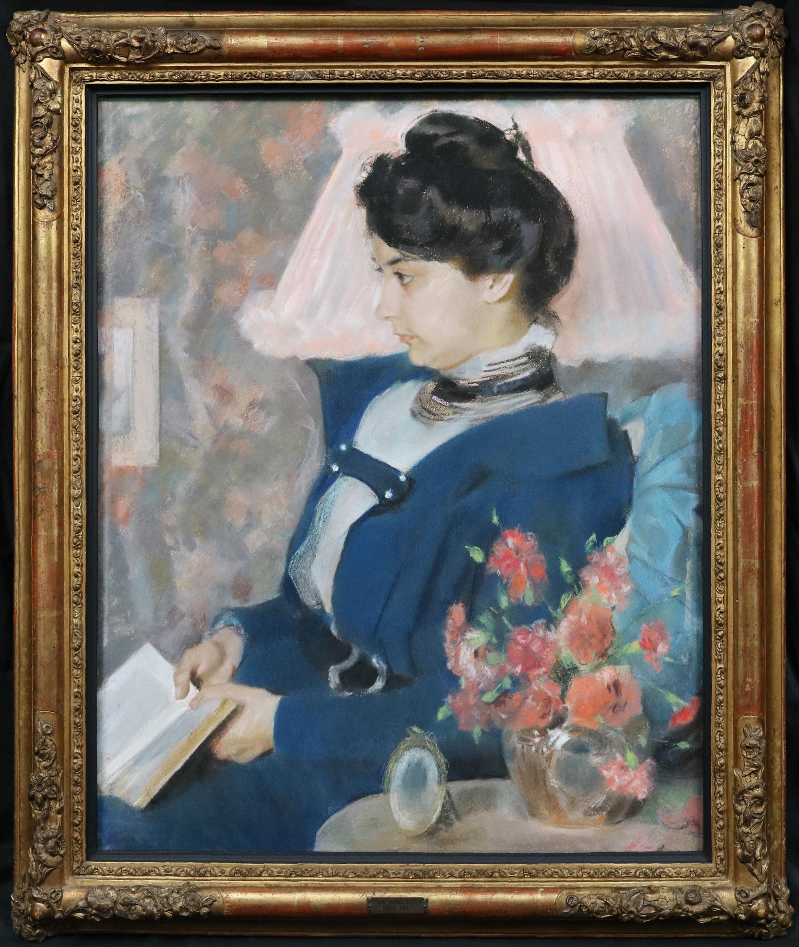 La Liseuse - Portrait au pastel impressionniste du XIXe siècle d'une jeune femme en train de lire - Painting de Eva Gonzalès 