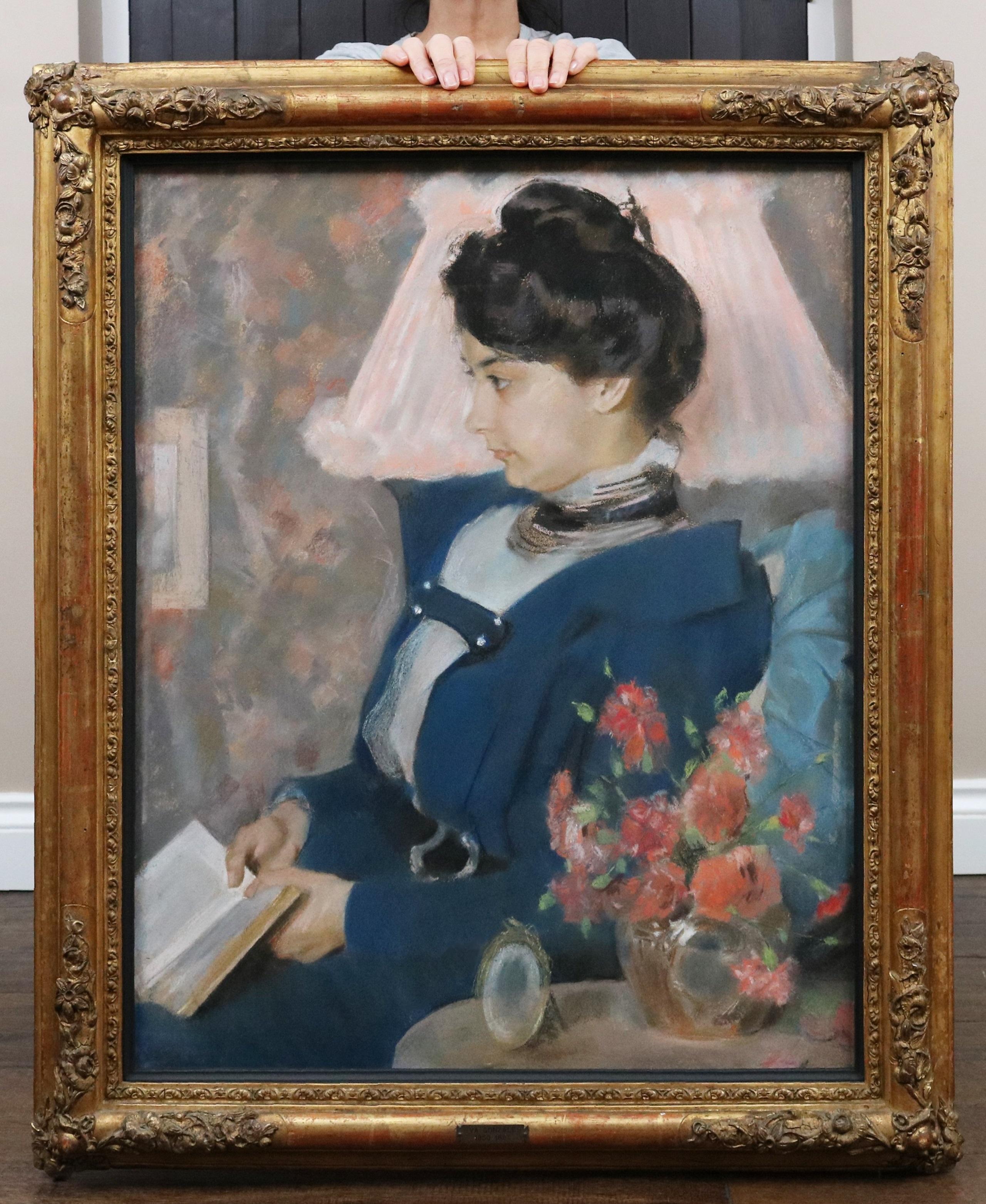 Portrait Painting Eva Gonzalès  - La Liseuse - Portrait au pastel impressionniste du XIXe siècle d'une jeune femme en train de lire