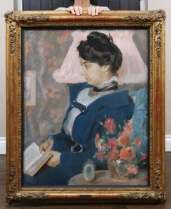 La Liseuse - Portrait au pastel impressionniste du XIXe siècle d'une jeune femme en train de lire