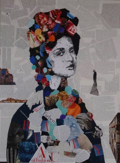 Collage di ritratti di donna, tecnica mista su pannello di Wood