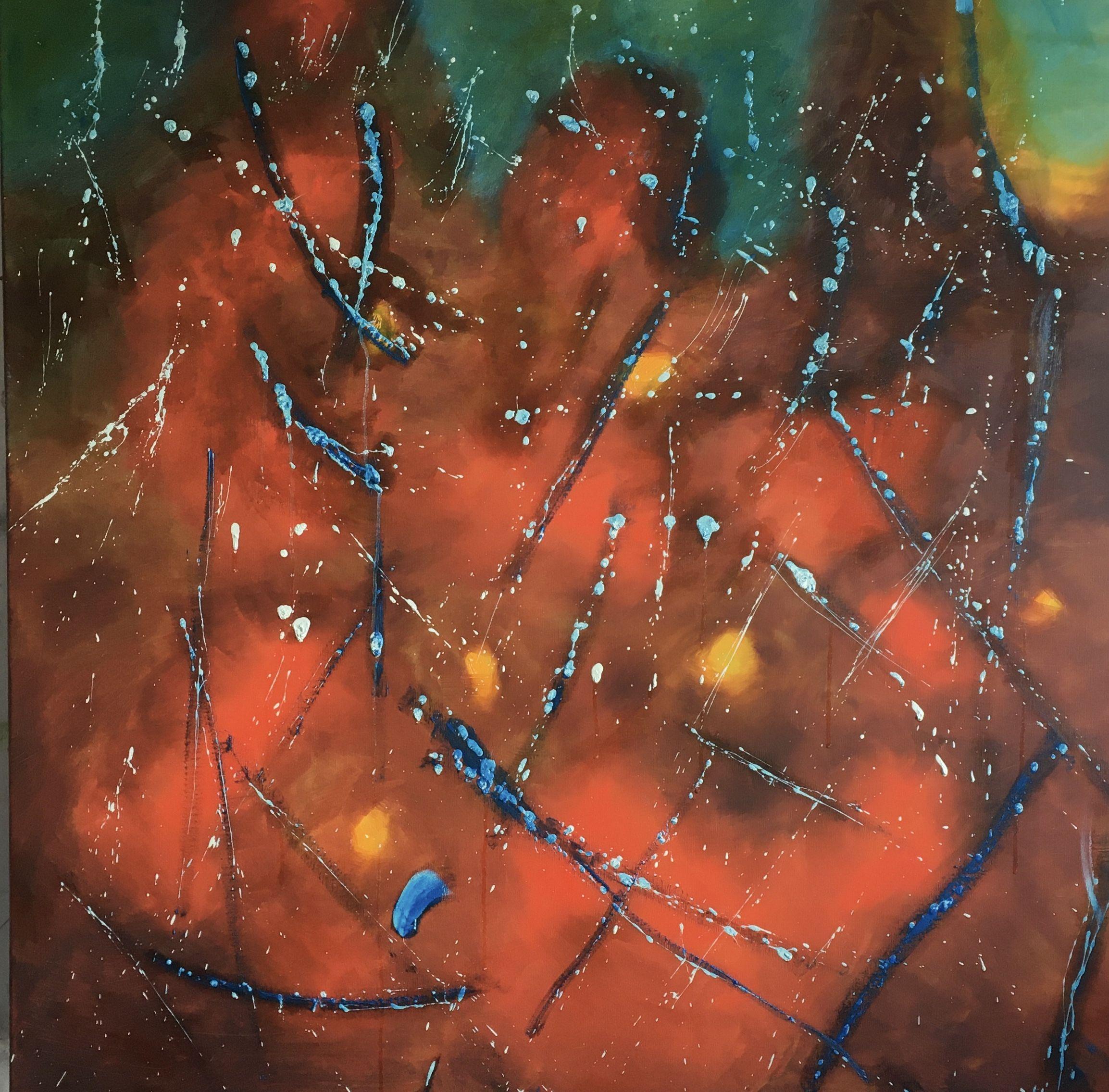 Eva Hoffmann Abstract Painting – Corona-Blau in Rot, Gemälde, Öl auf Leinwand