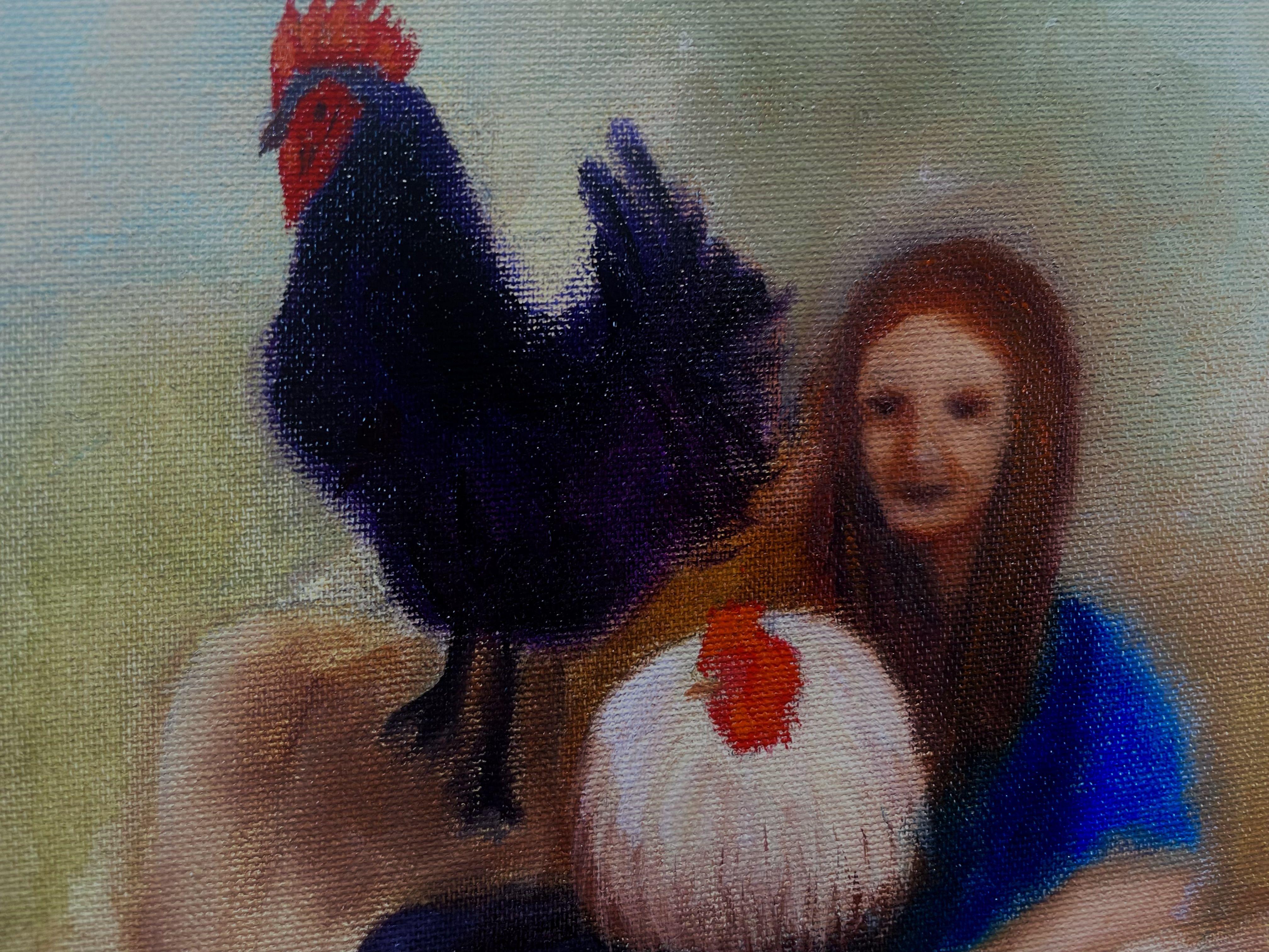 En mi obra, los colores del óleo se funden en una viva imagen de armonía rural. Pinceladas impresionistas combinadas con elementos realistas representan la interacción entre humanos y animales. Una mujer joven, rodeada de colores cálidos, comparte