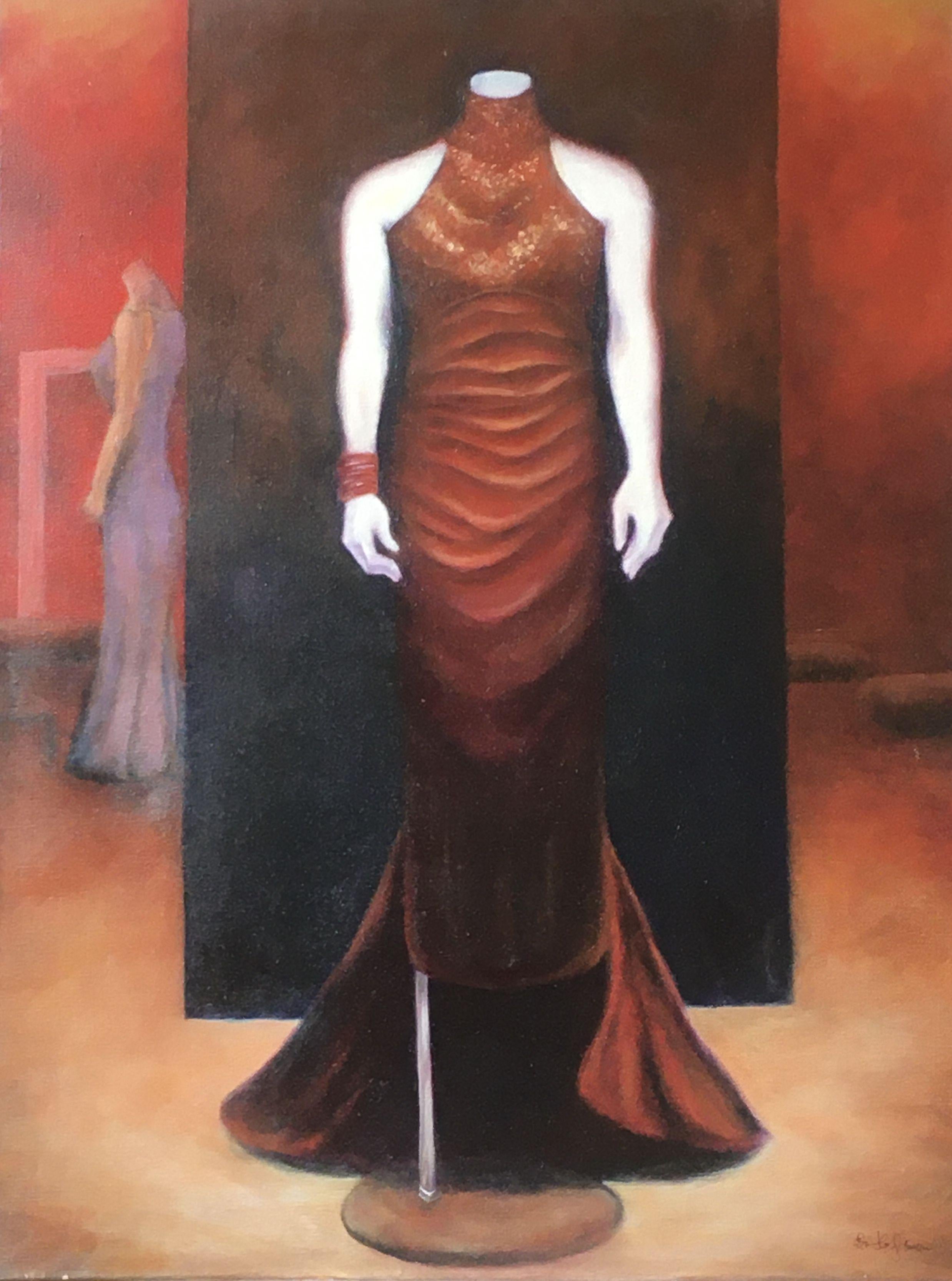 Fashion show in the window. Dreaming about party, dance, good time. Sexy red dress for an elegant dinner. Elegance, beauty. :: Painting :: Realism :: This piece comes with an official certificate of authenticity signed by the artist :: Ready to