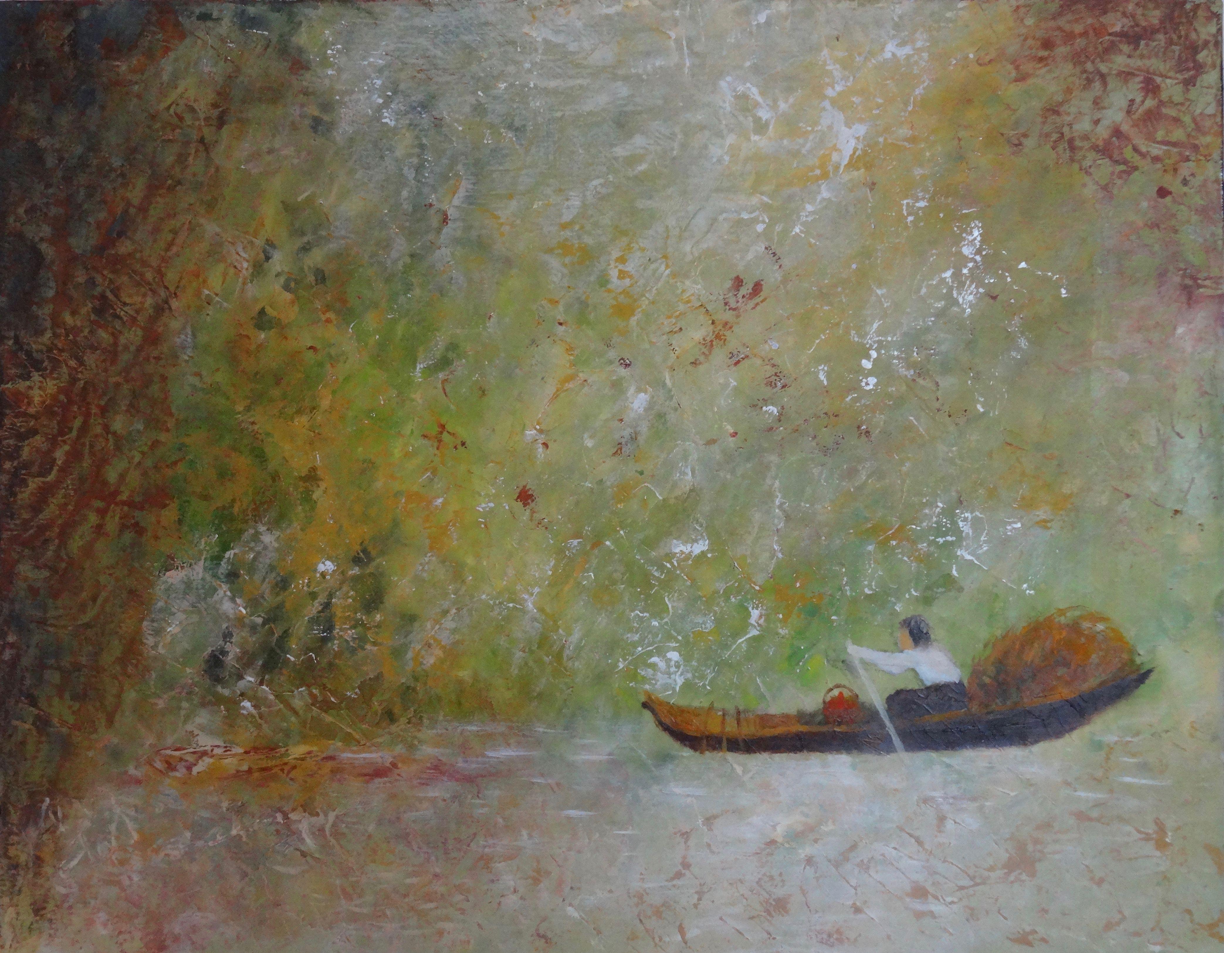 Thinking on Asia where people  are boating and transporting on rivers :: Painting :: Impressionist :: This piece comes with an official certificate of authenticity signed by the artist :: Ready to Hang: Yes :: Signed: Yes :: Signature Location: on