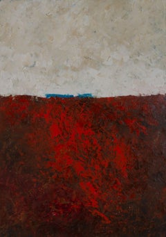 Red Earth Blue House White Sky, Gemälde, Öl auf Holzplatte