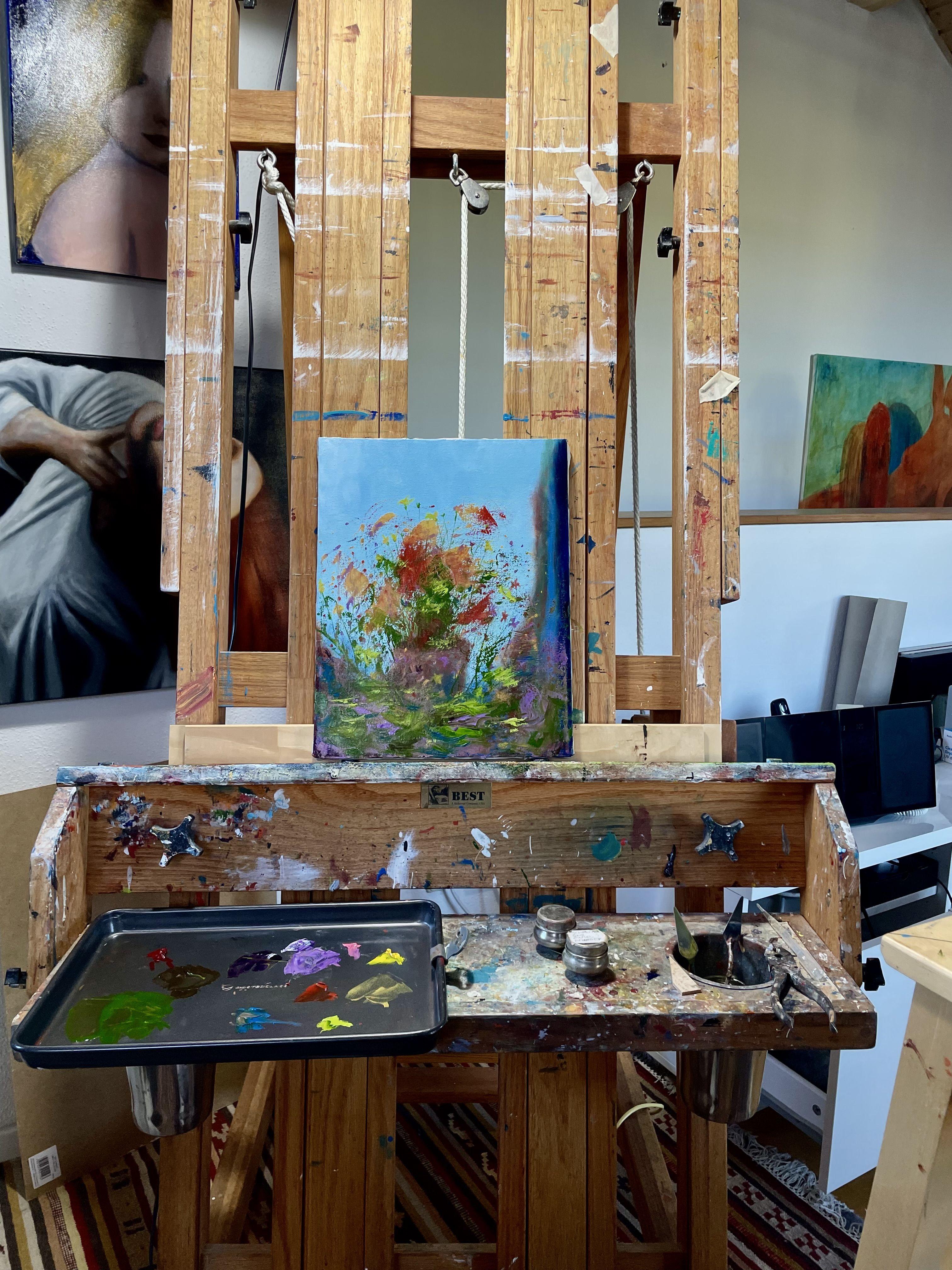 Dans cette peinture à l'huile, l'expressionnisme et l'impressionnisme fusionnent avec des éléments symboliques. J'ai appliqué avec passion chaque coup de pinceau pour dépeindre des émotions et des souvenirs. Les puissants éclats de couleur incarnent