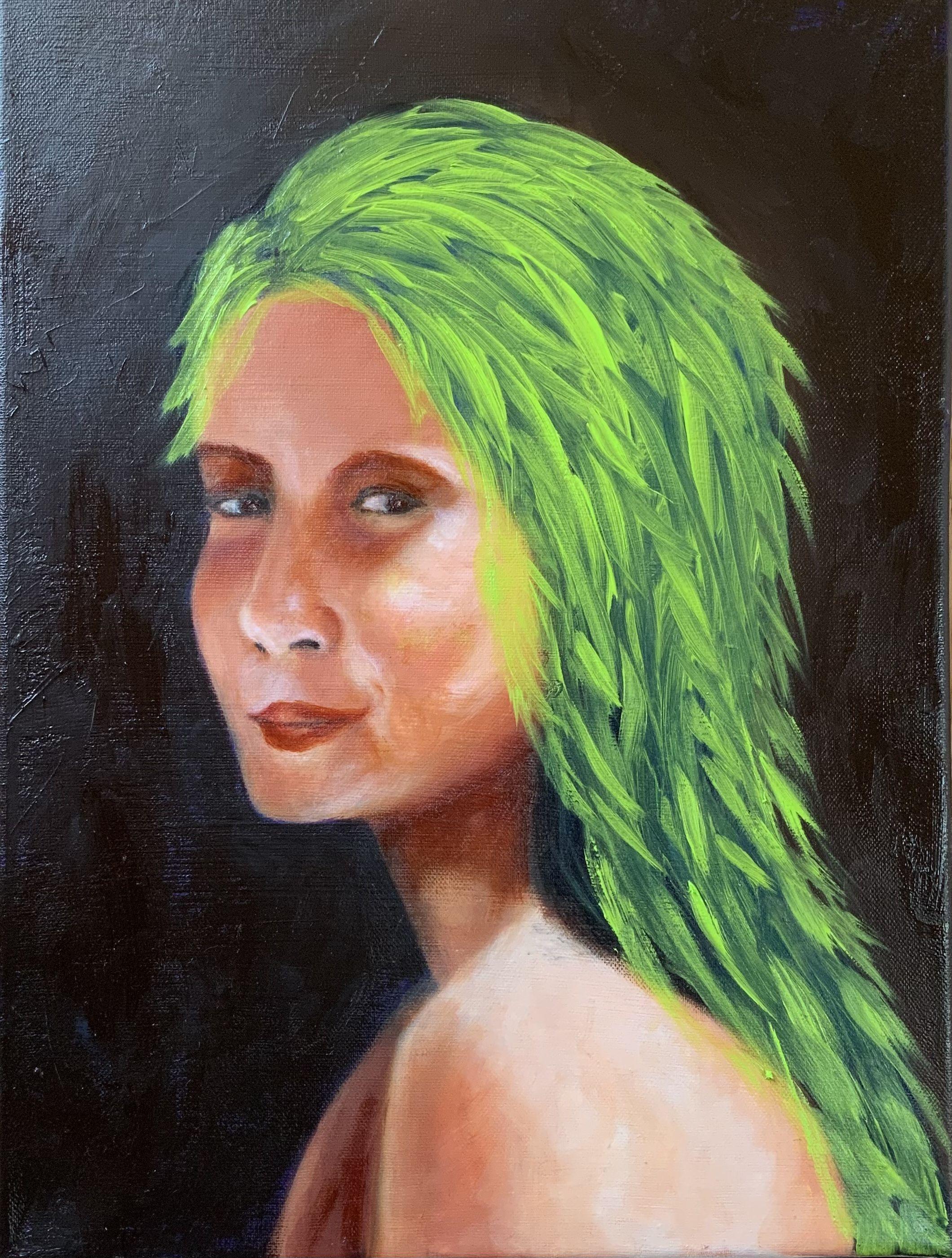 A young girl got a new hair style, it is now green. She looks a little bit confused, but funny. I think she is happy with her new freedom. It is not an easy decision! :: Painting :: Realism :: This piece comes with an official certificate of