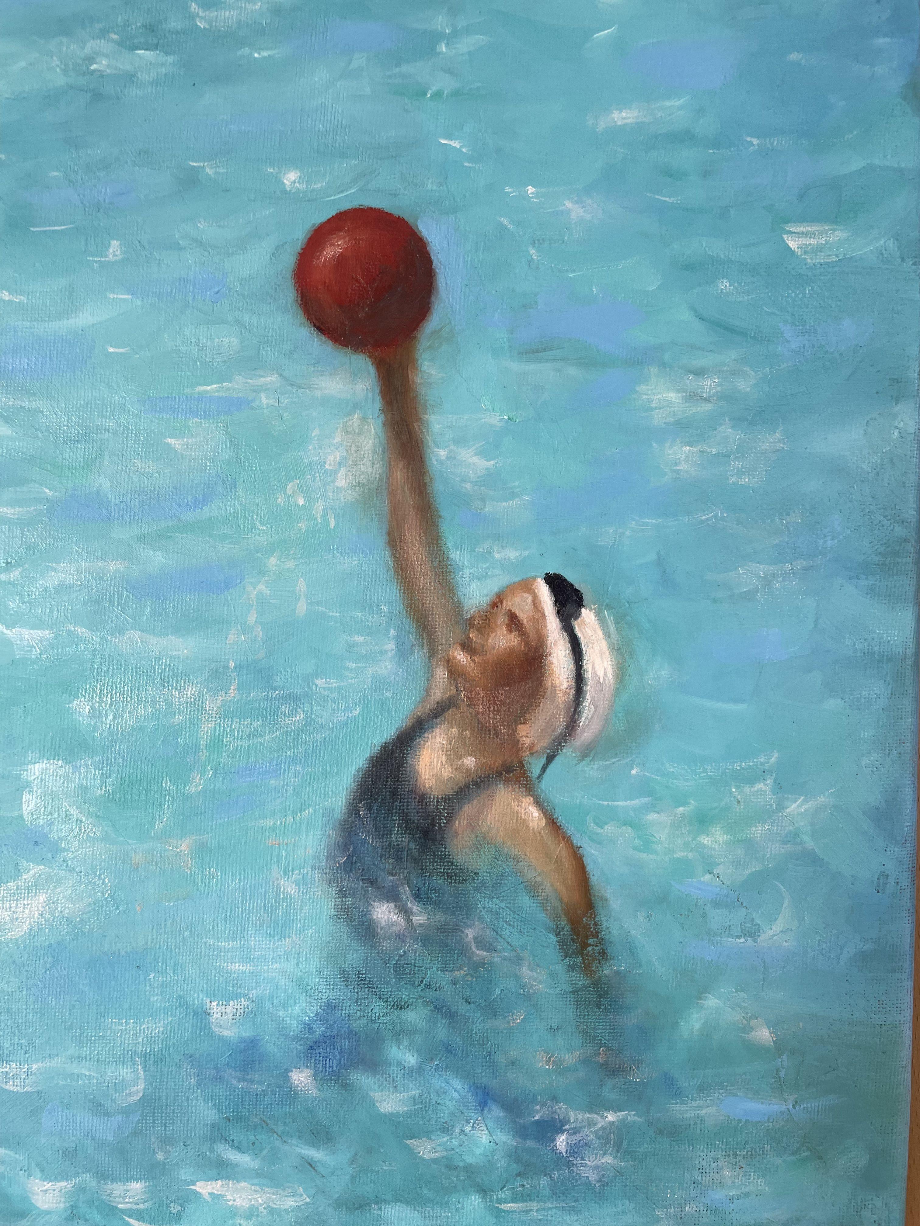 In questo dipinto a olio ho catturato la potenza e il dinamismo del pallone da spiaggia. La figura, catturata in un momento di sforzo supremo, incarna passione e determinazione. Il mio stile realistico enfatizza la forma umana e le emozioni contro