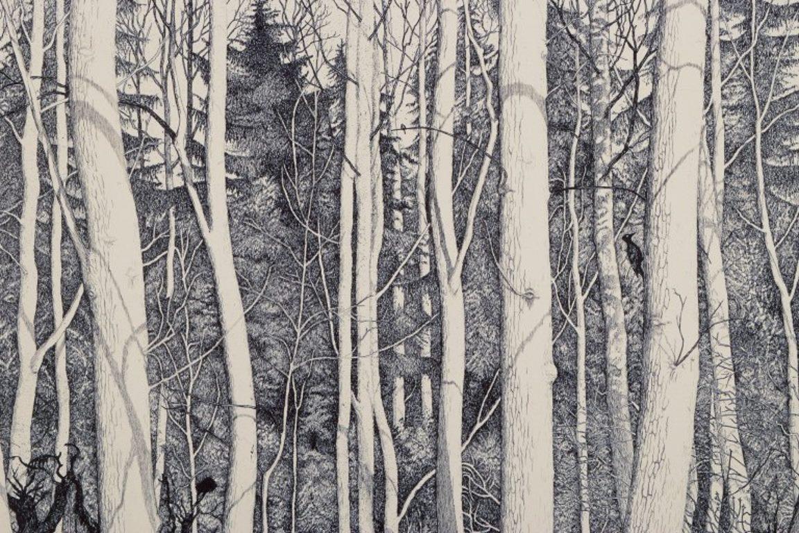 Eva Holmén-Edling, Swedish artist. Woodcut on Japan paper. Forest scene. In Excellent Condition For Sale In Copenhagen, DK
