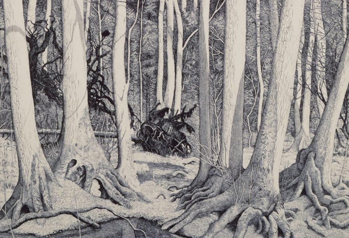 20th Century Eva Holmén-Edling, Swedish artist. Woodcut on Japan paper. Forest scene. For Sale