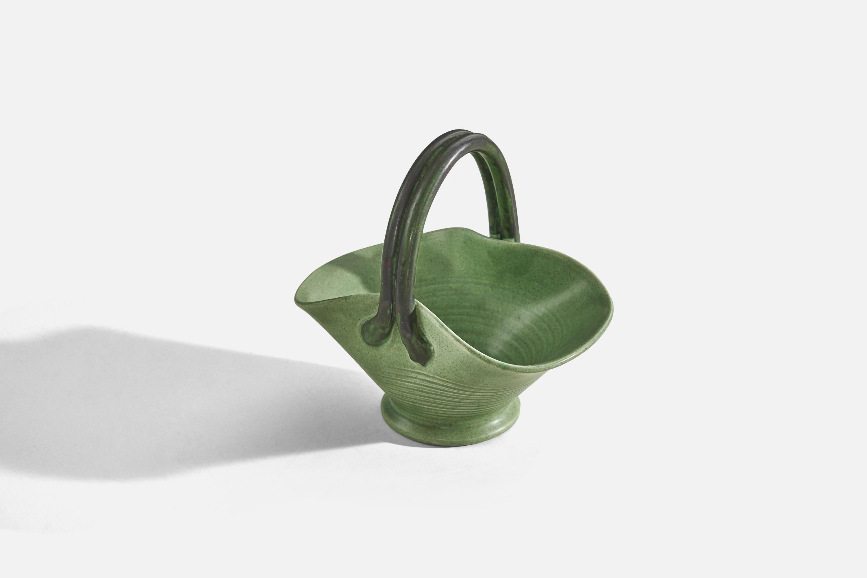 Swedish Eva Jancke Björk, Green Bowl, Glazed Earthenware, Bo Fajans, Sweden, 1940s For Sale