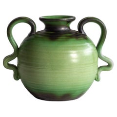 Eva Jancke-Björk, Green Scandinavian Modern Handle Vase, 1940s, Sweden