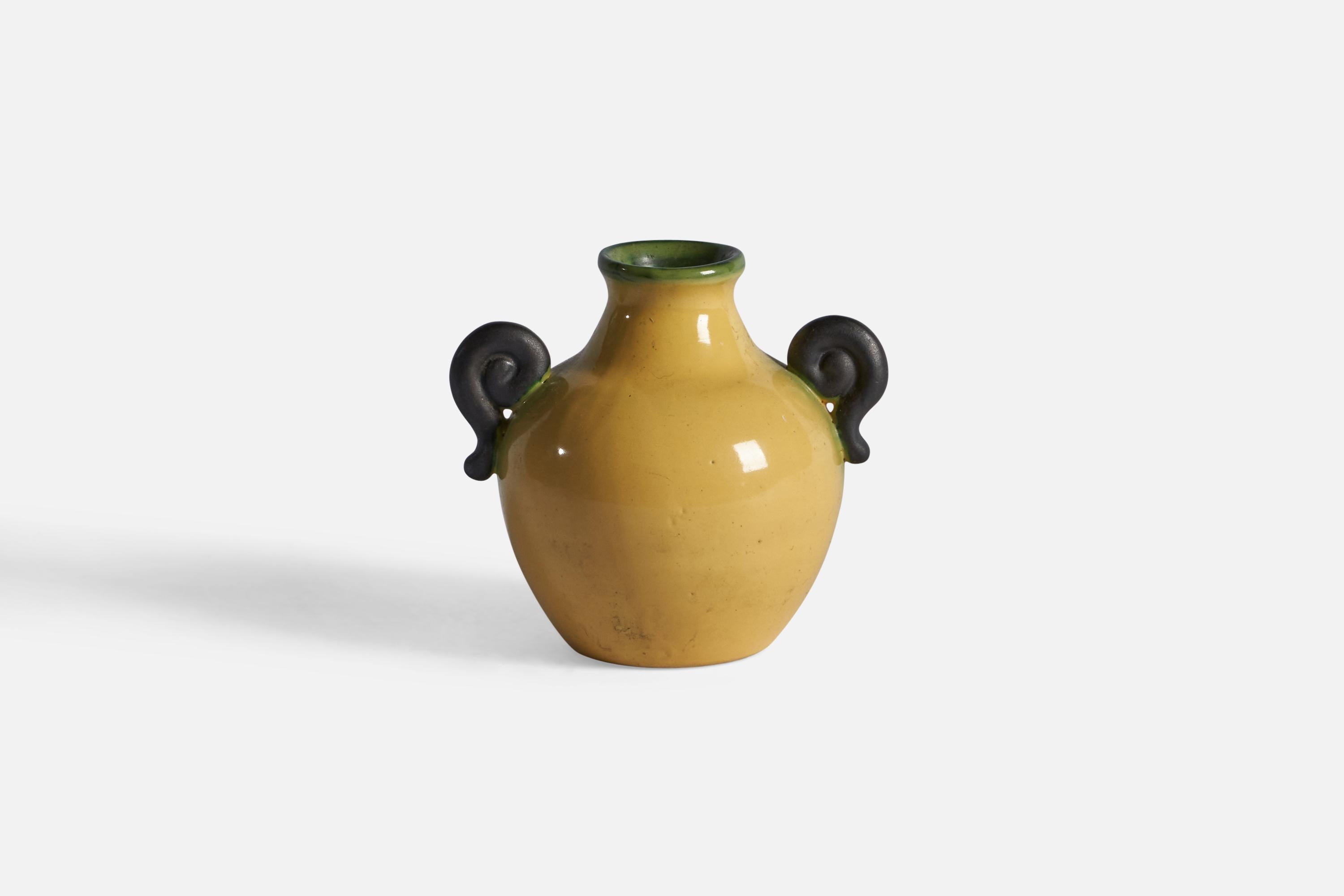 A small yellow and green-glazed earthenware vase designed by Eva Jancke-Björk and produced by Bo Fajans, Sweden, c. 1940s.