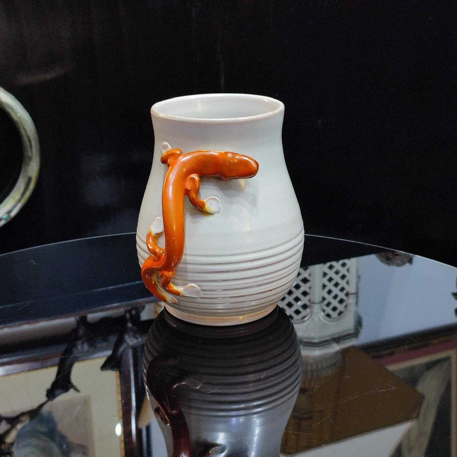Art Deco Eva Jancke Björk, Unique Faience Vase with Salamander, Bo Fajans, Sweden 1920 For Sale