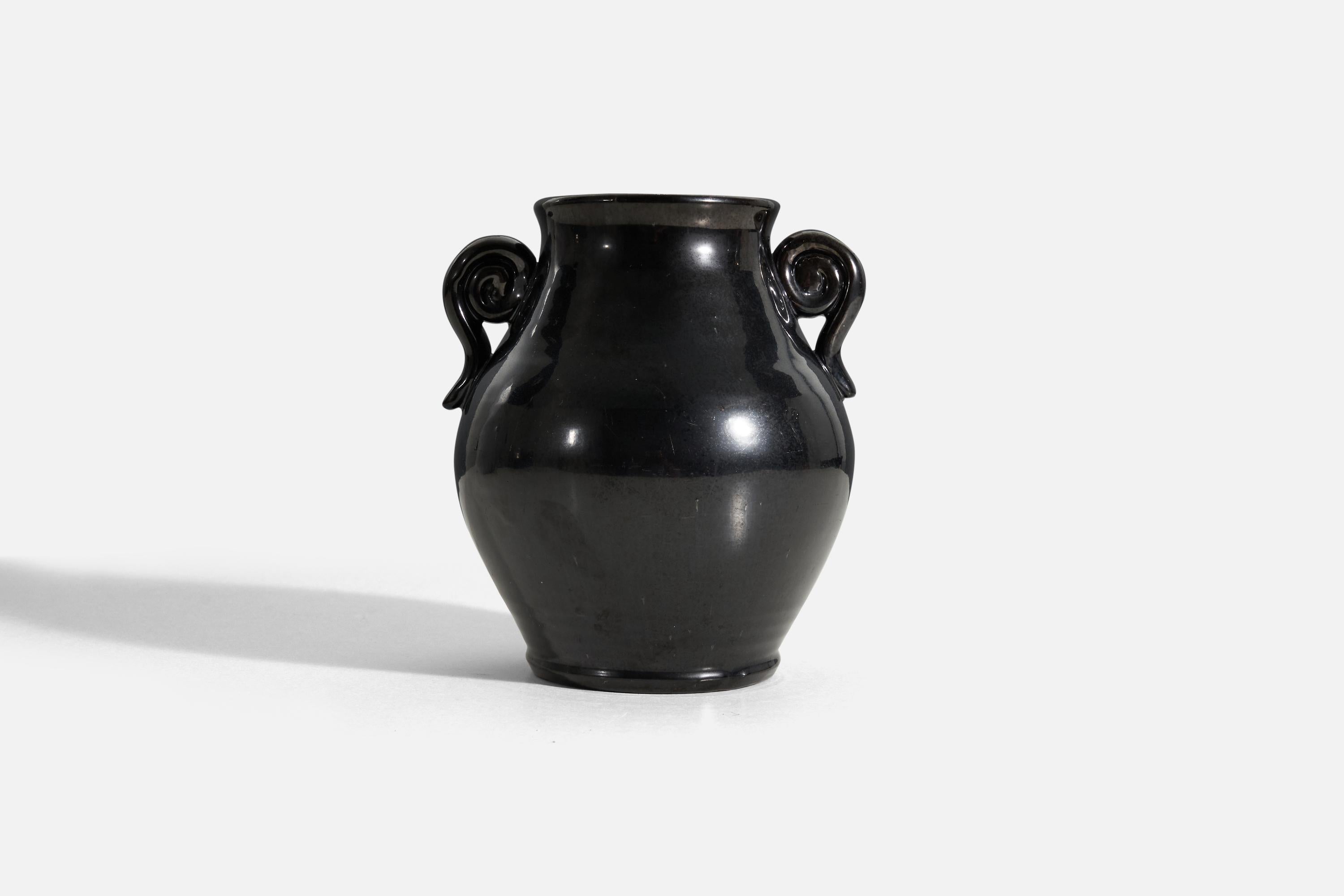 A black-glazed earthenware vase with two handles, designed by Eva Jancke Björk, for Bo Fajans, Sweden, 1940s Stamped.

