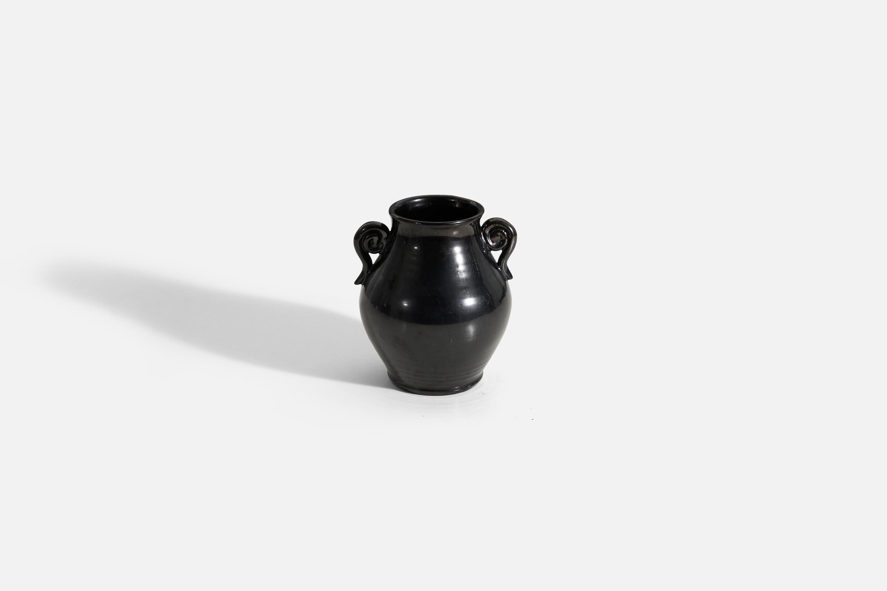 Mid-20th Century Eva Jancke Björk, Vase, Black-Glazed Earthenware, Bo Fajans, Sweden, 1940s For Sale