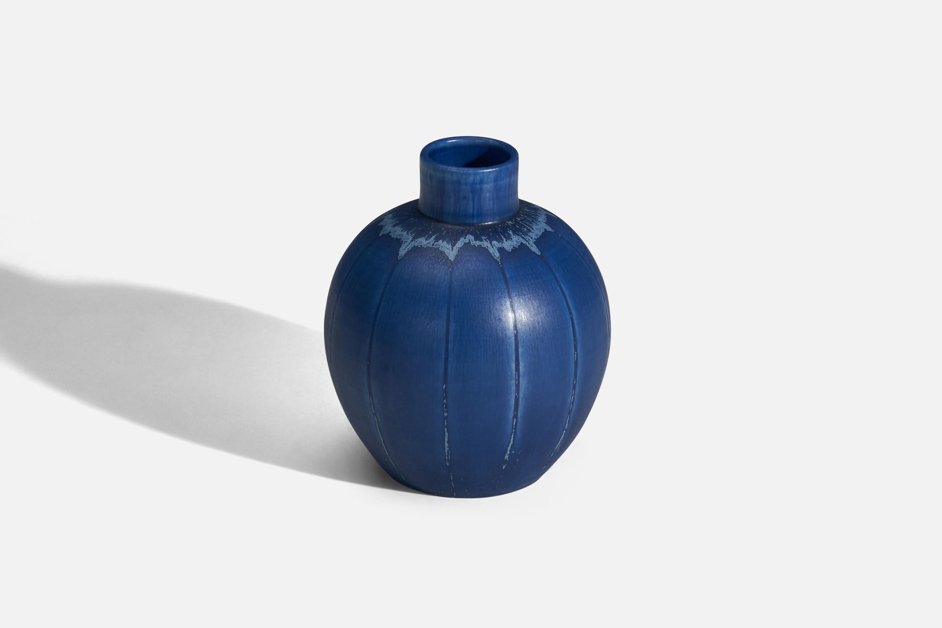 Swedish Eva Jancke Björk, Vase, Blue Glazed Earthenware, Bo Fajans, Sweden, 1940s For Sale