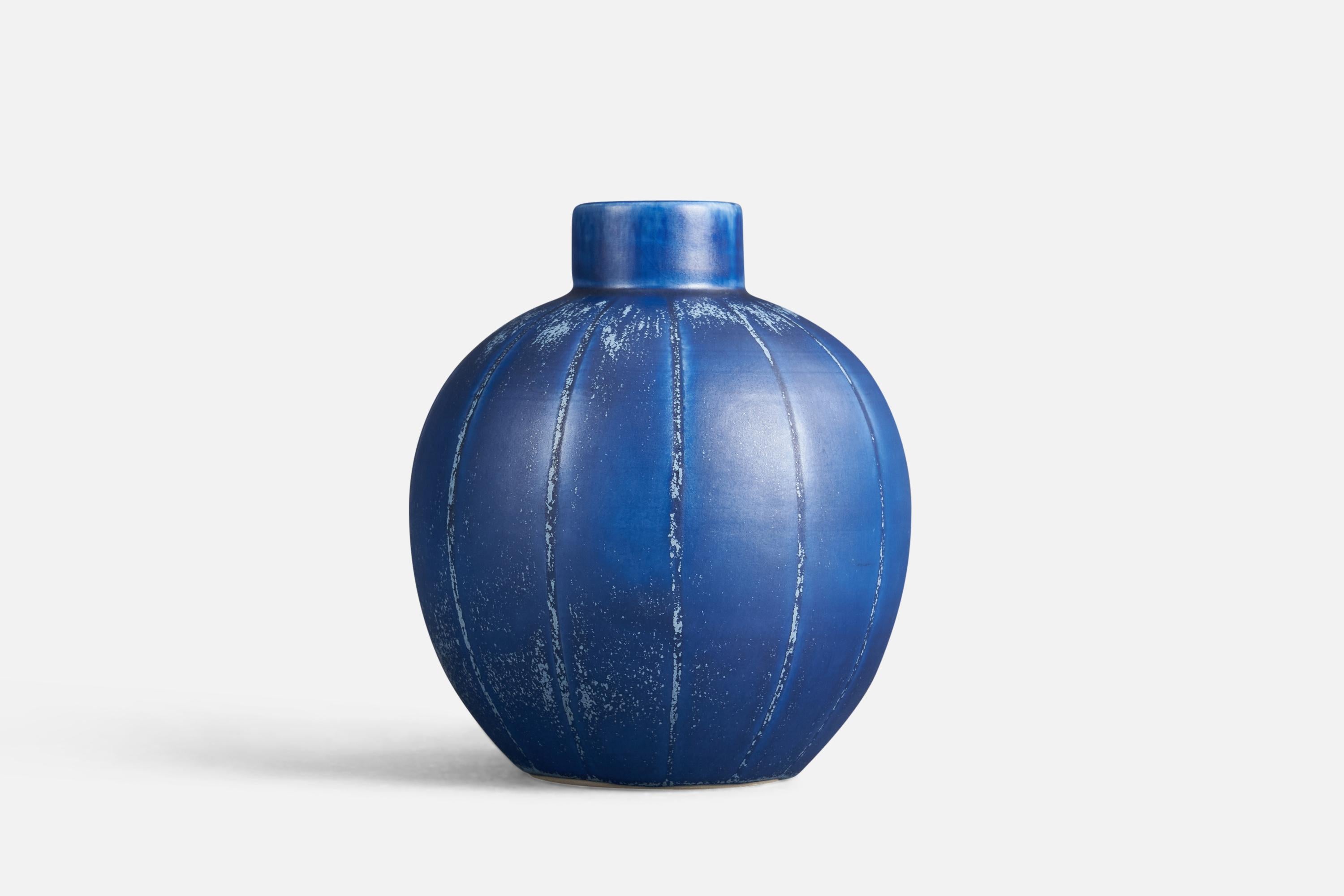 Swedish Eva Jancke-Björk, Vase, Blue-Glazed Earthenware, Bo Fajans, Sweden, 1940s For Sale